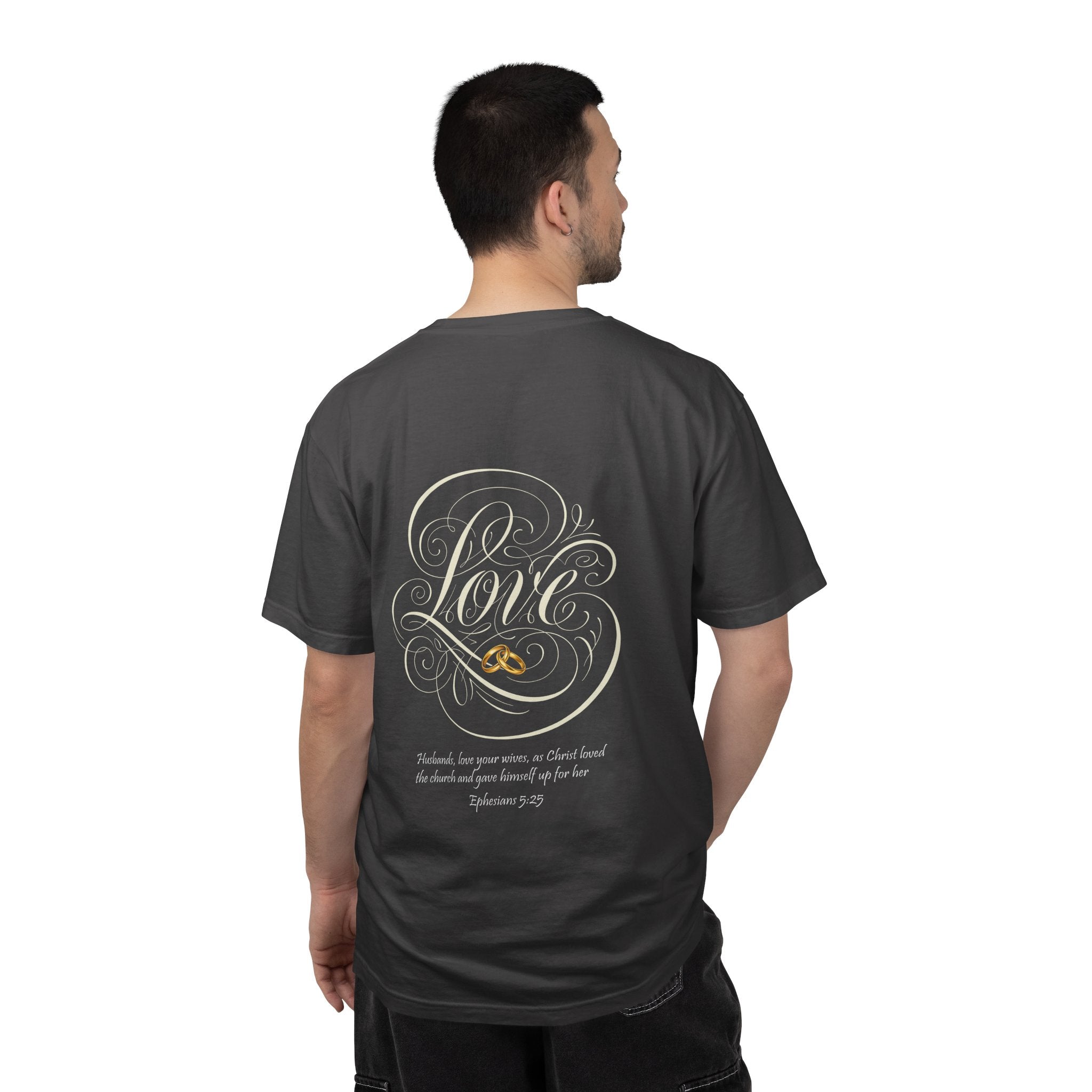 Christian Love Tee — Scripture Cross Back Design (1 John 4:19)