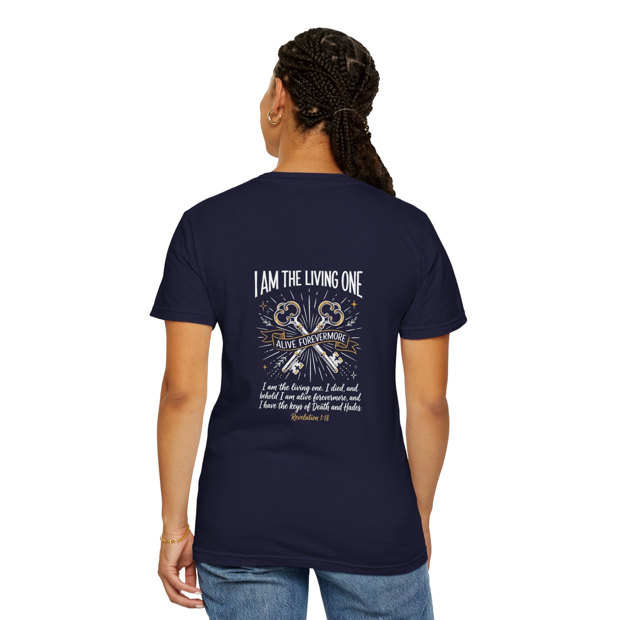 Christian Cross T-Shirt — “I Am the Living One” Scripture Back Graphic
