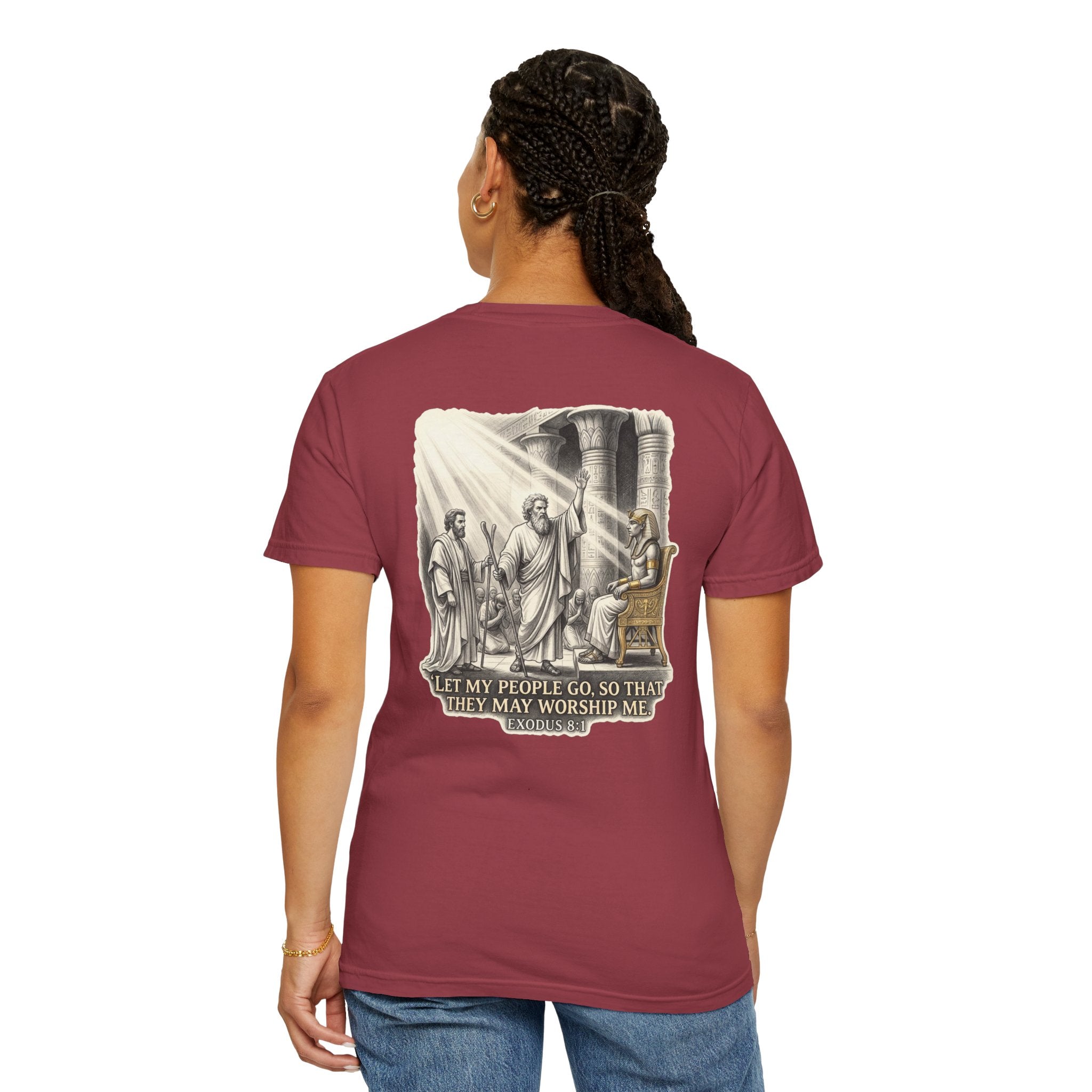 Religious T-Shirt — Small Cross Front & 'Let My People Go' Back Graphic