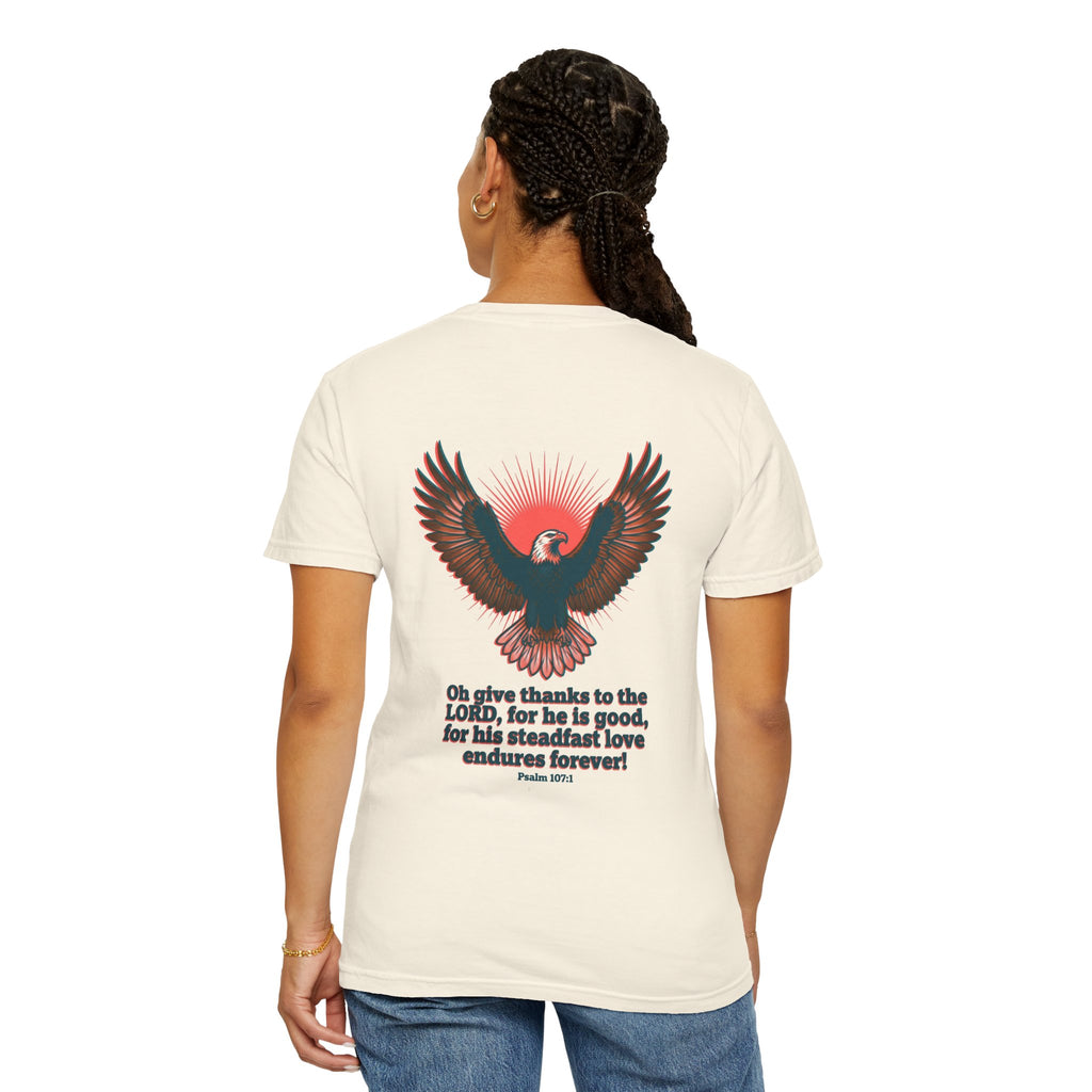Christian Cross T-Shirt — Eagle Back Print with Psalm 107:1