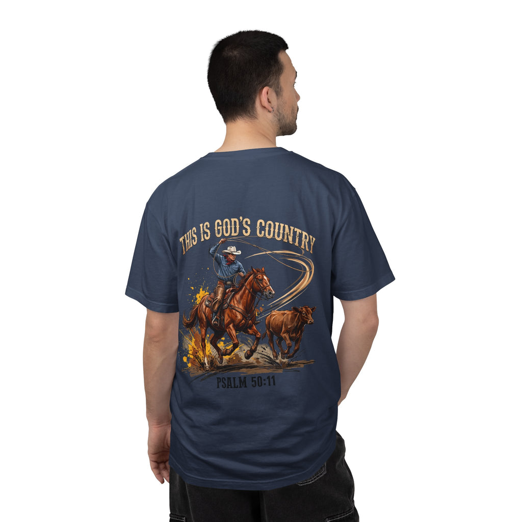 Christian Cowboy T-Shirt — "This Is God's Country" Psalm 96:11 Garment-Dyed Tee