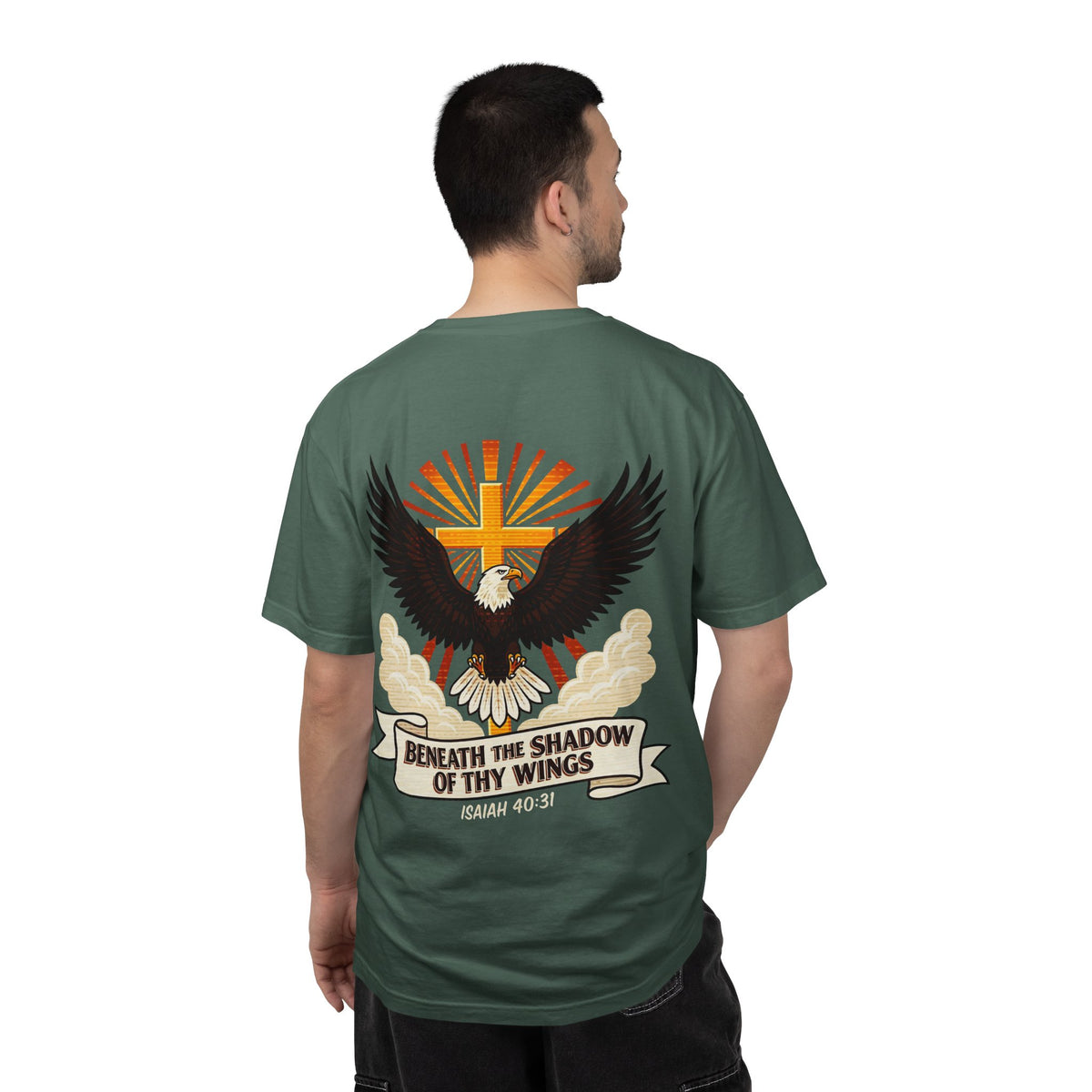 Christian Eagle Cross T‑Shirt — "Beneath the Shadow of Thy Wings" (Isaiah 40:3)