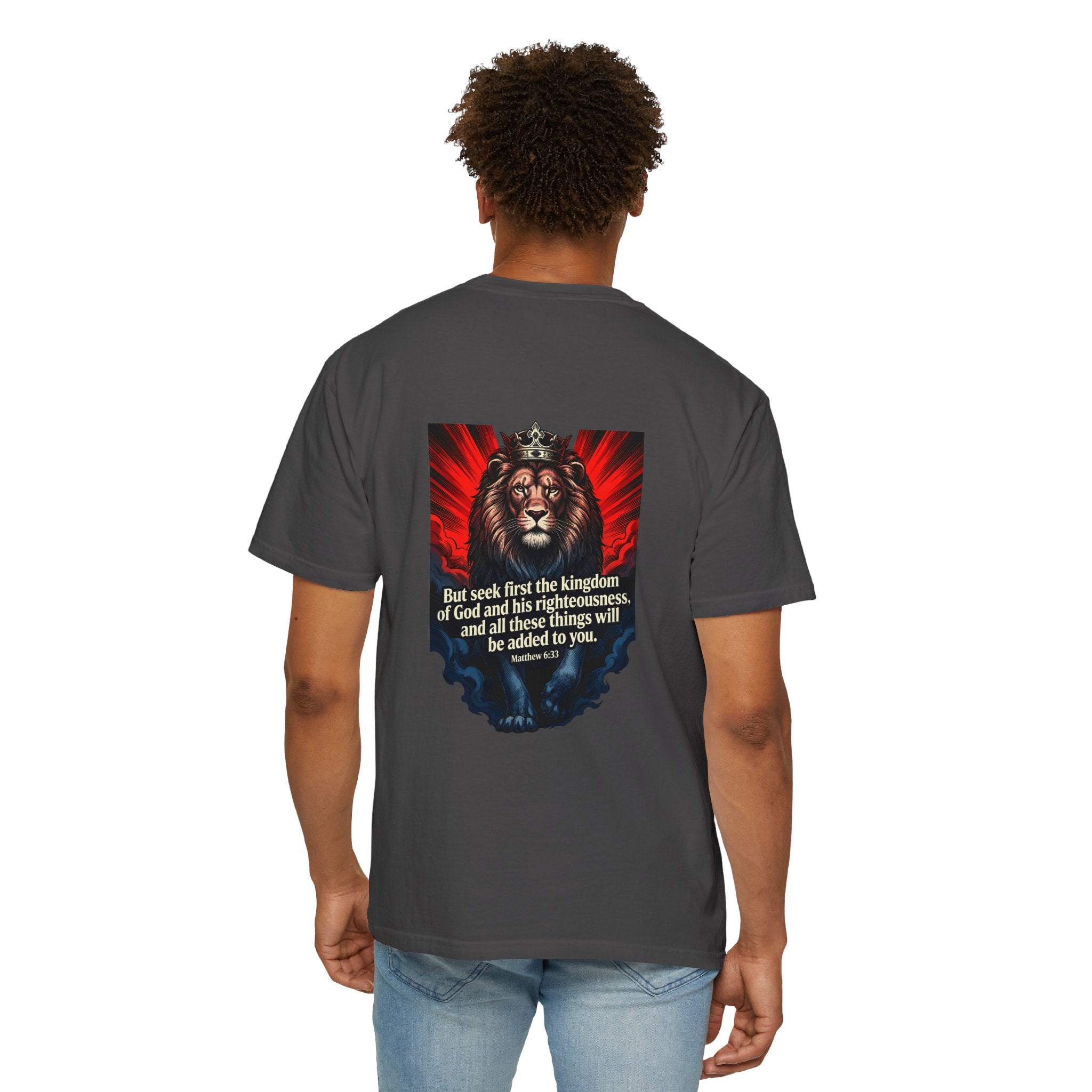 Christian Lion T-Shirt — 'But seek first the kingdom of God' Scripture Tee