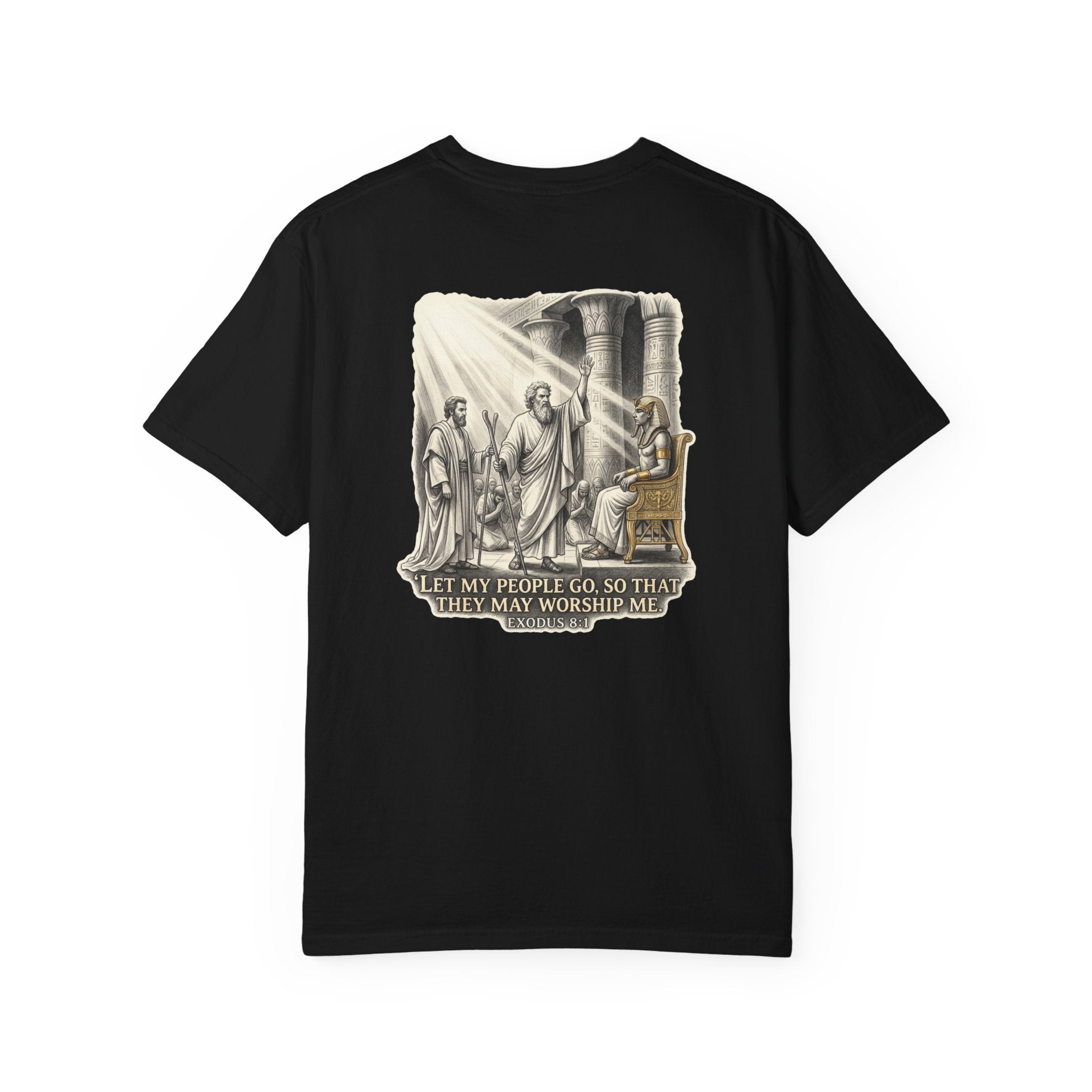 Religious T-Shirt — Small Cross Front & 'Let My People Go' Back Graphic