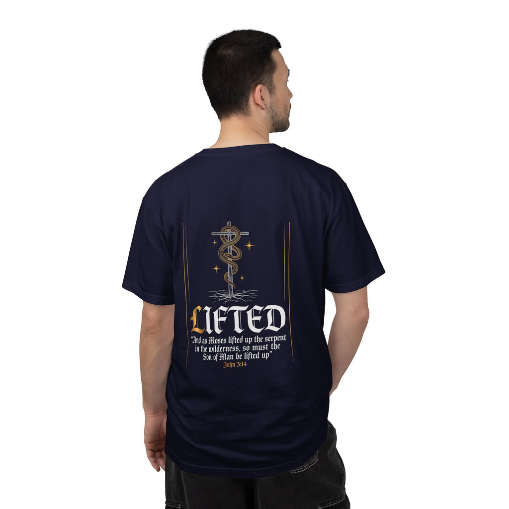 Christian Cross T-Shirt — "Lifted" Inspirational Gospel Tee with Scripture Back Design
