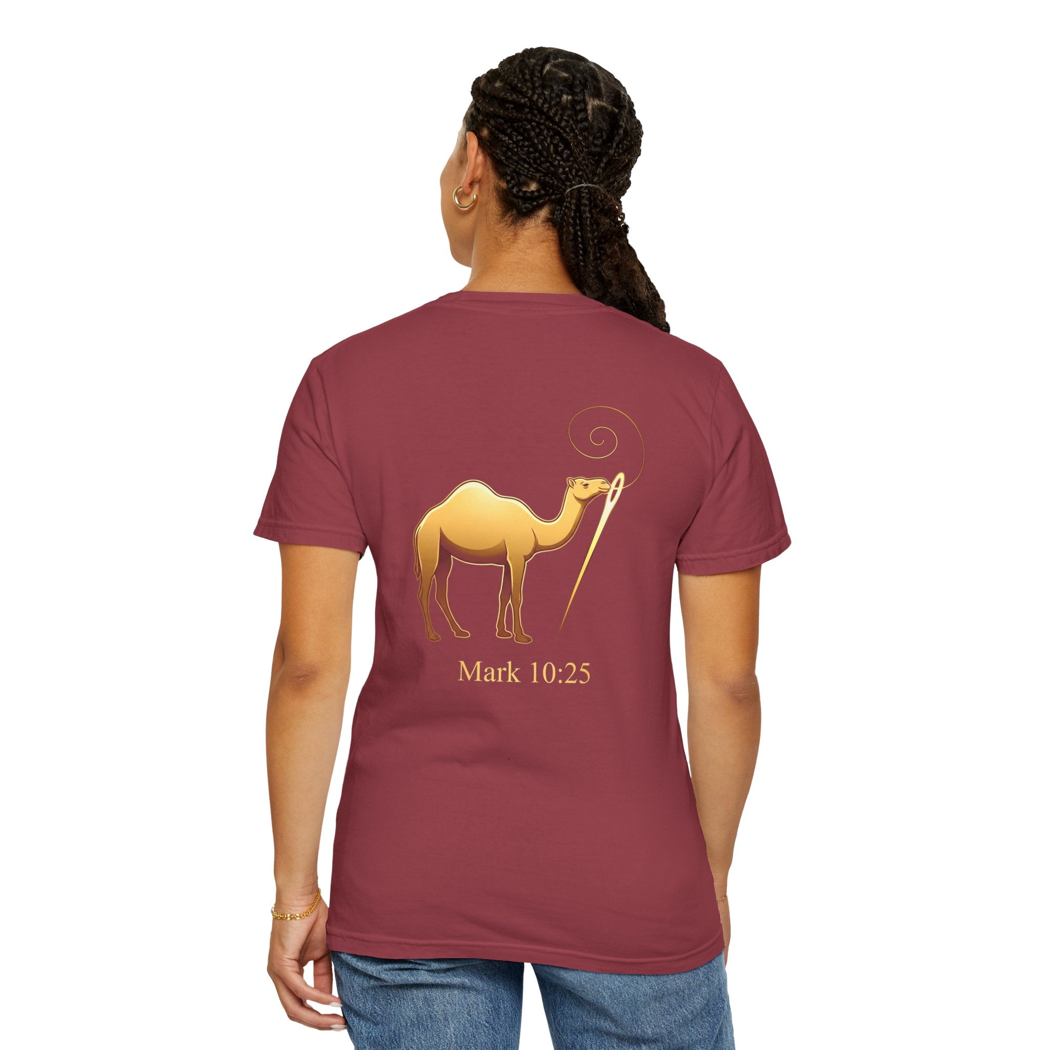 Christian Cross T-Shirt with Gold Camel & "Mark 10:25" Back — Religious Faith Tee