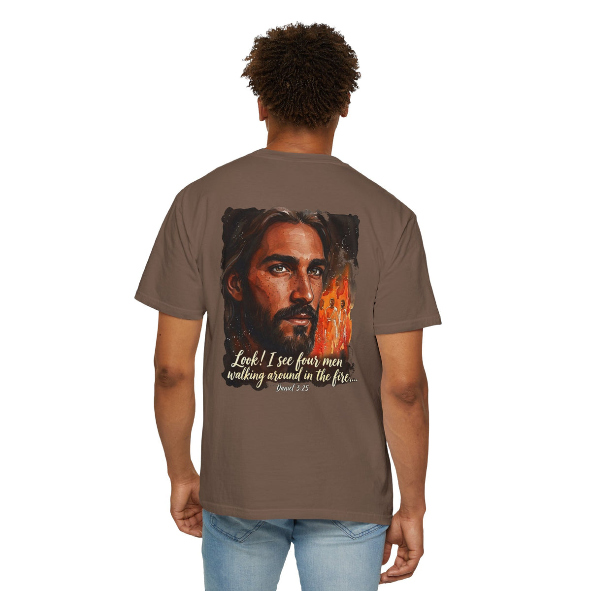 Christian T-Shirt — Jesus with Three Crosses & Daniel 3:25 Verse Back Print