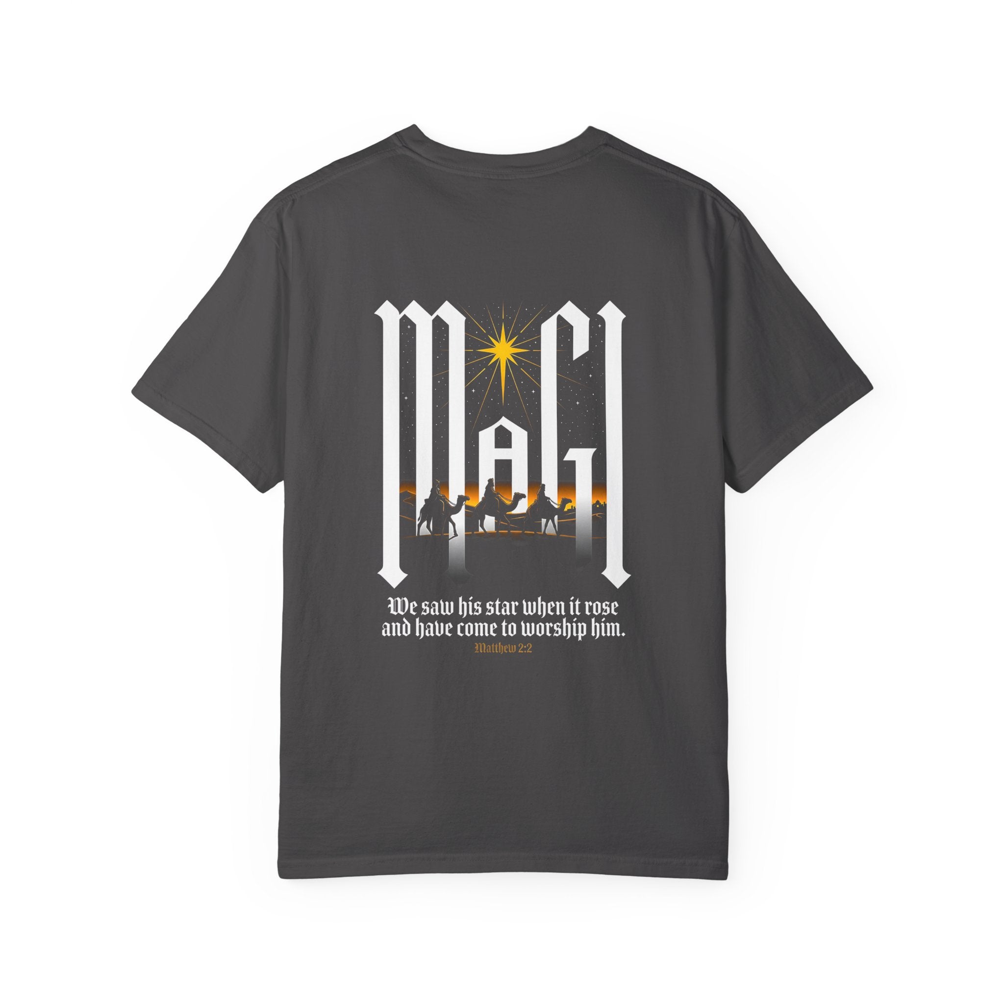Christian Cross T-Shirt — 'We Saw His Star' Nativity Backprint Tee