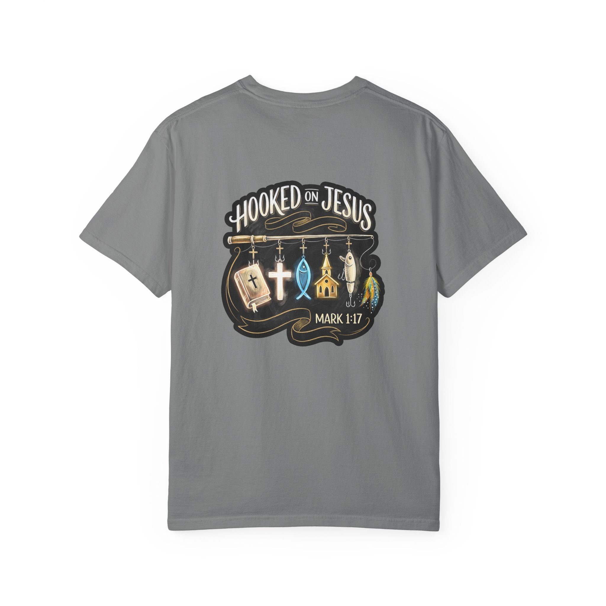 Hooked on Jesus T-Shirt — Christian Faith Graphic Tee (Mark 1:17)