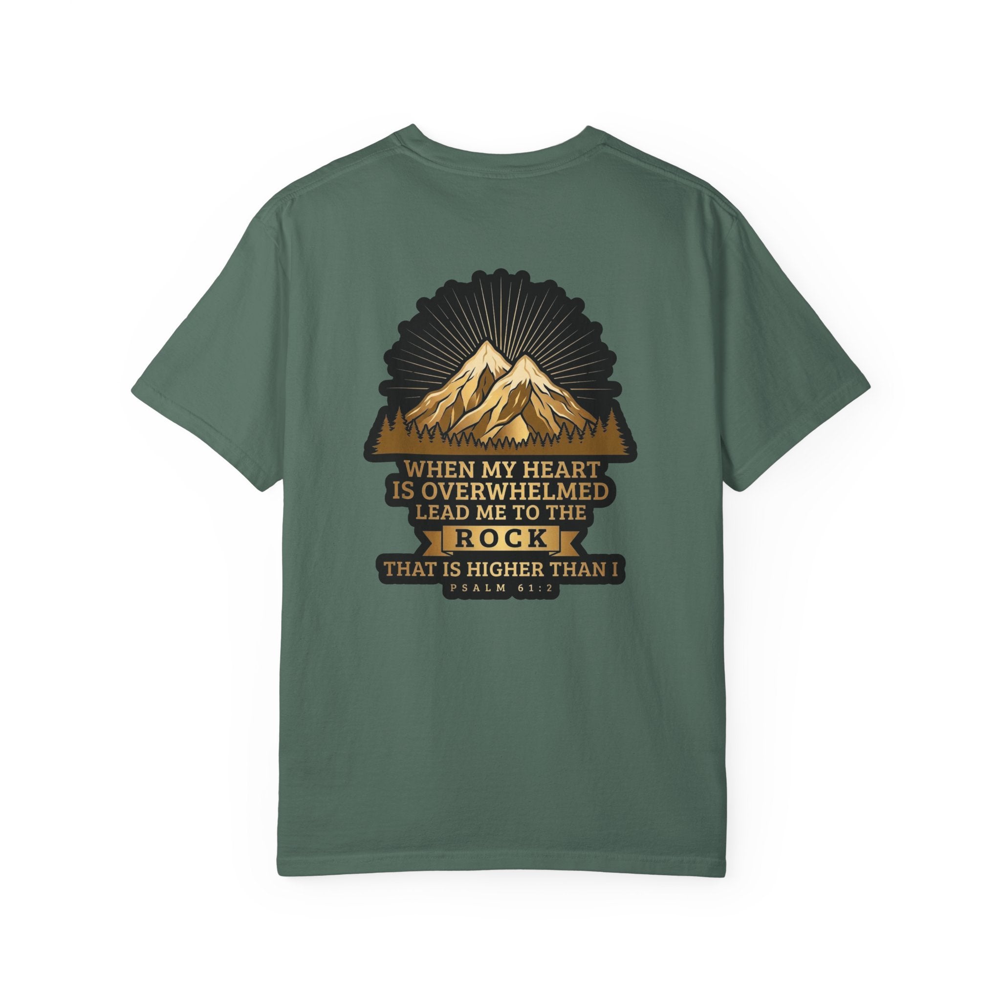 Christian T-Shirt — "When My Heart Is Overwhelmed" Psalm 61:2 Mountain Cross Tee