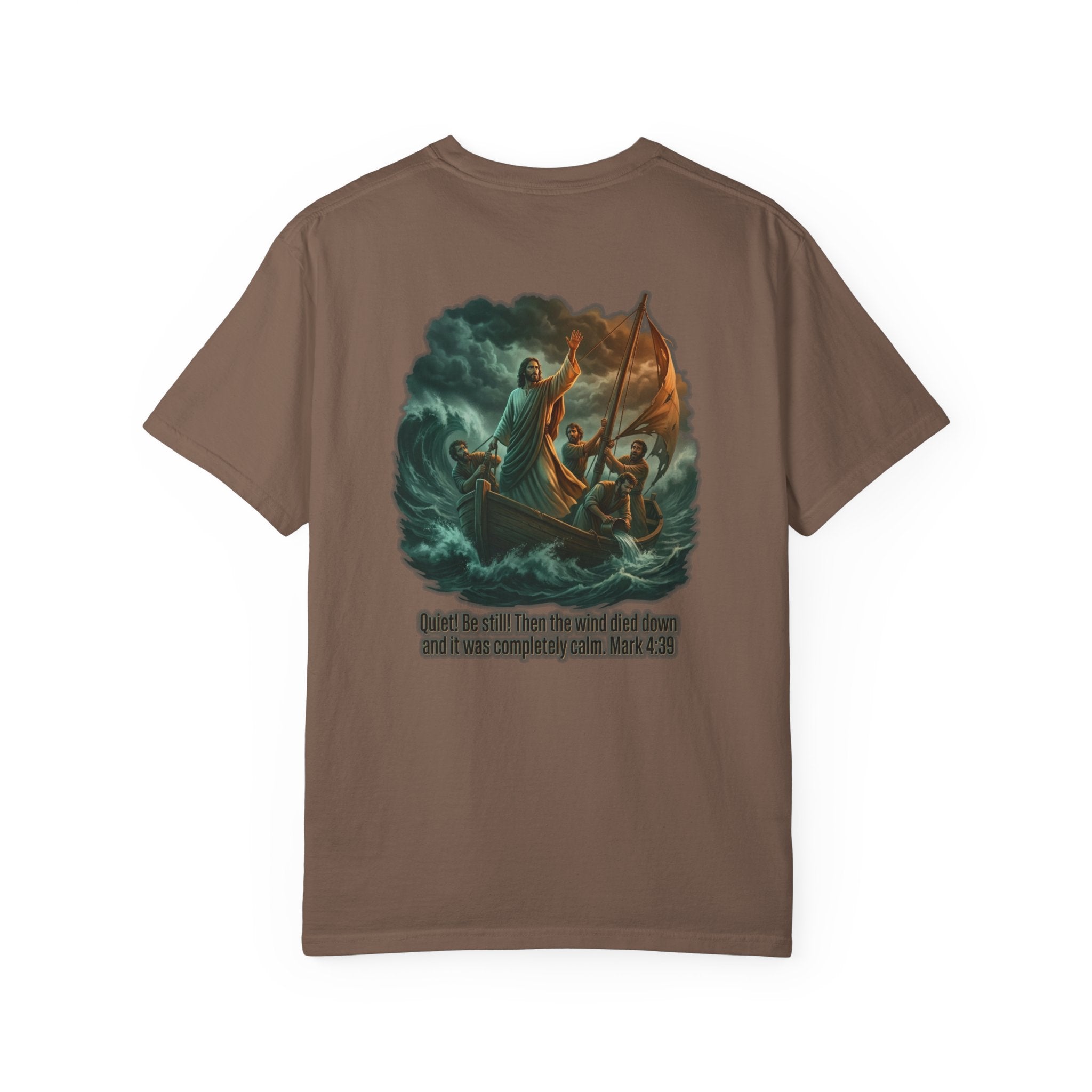 Christian Faith T-Shirt — 'He Said, "Be Still"' Boat Scene with Matthew 8:23-27 Biblical Tee