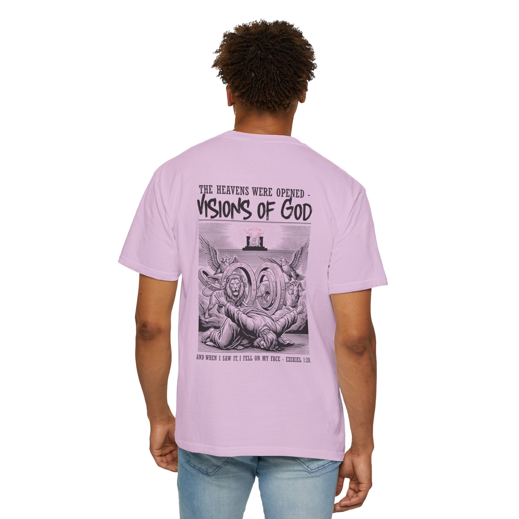 Religious T-Shirt — “Visions of God” Back Print with Small Cross