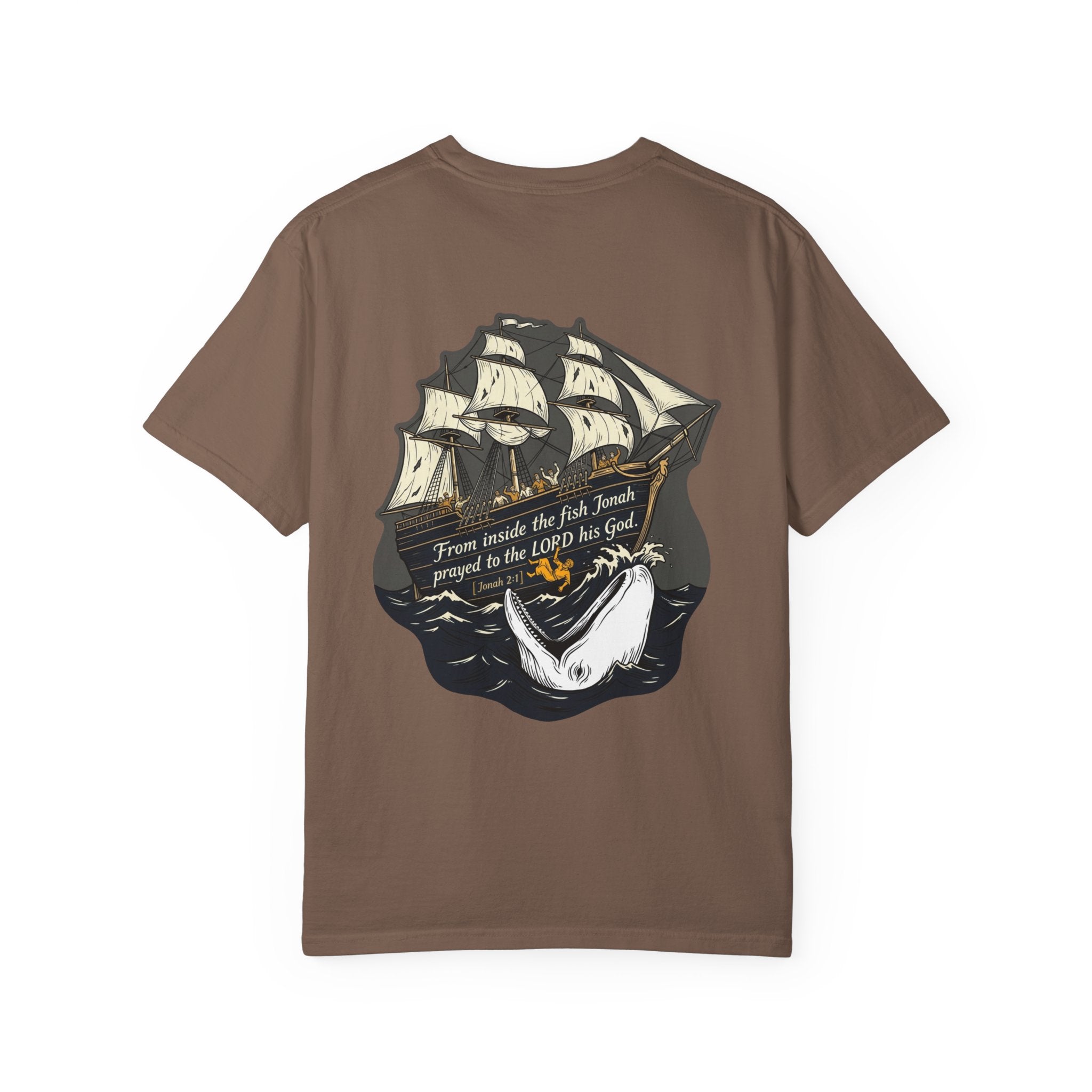 Christian Ship & Whale T-Shirt — 'From inside the fish Jonah prayed to the LORD his God' Chest Cross
