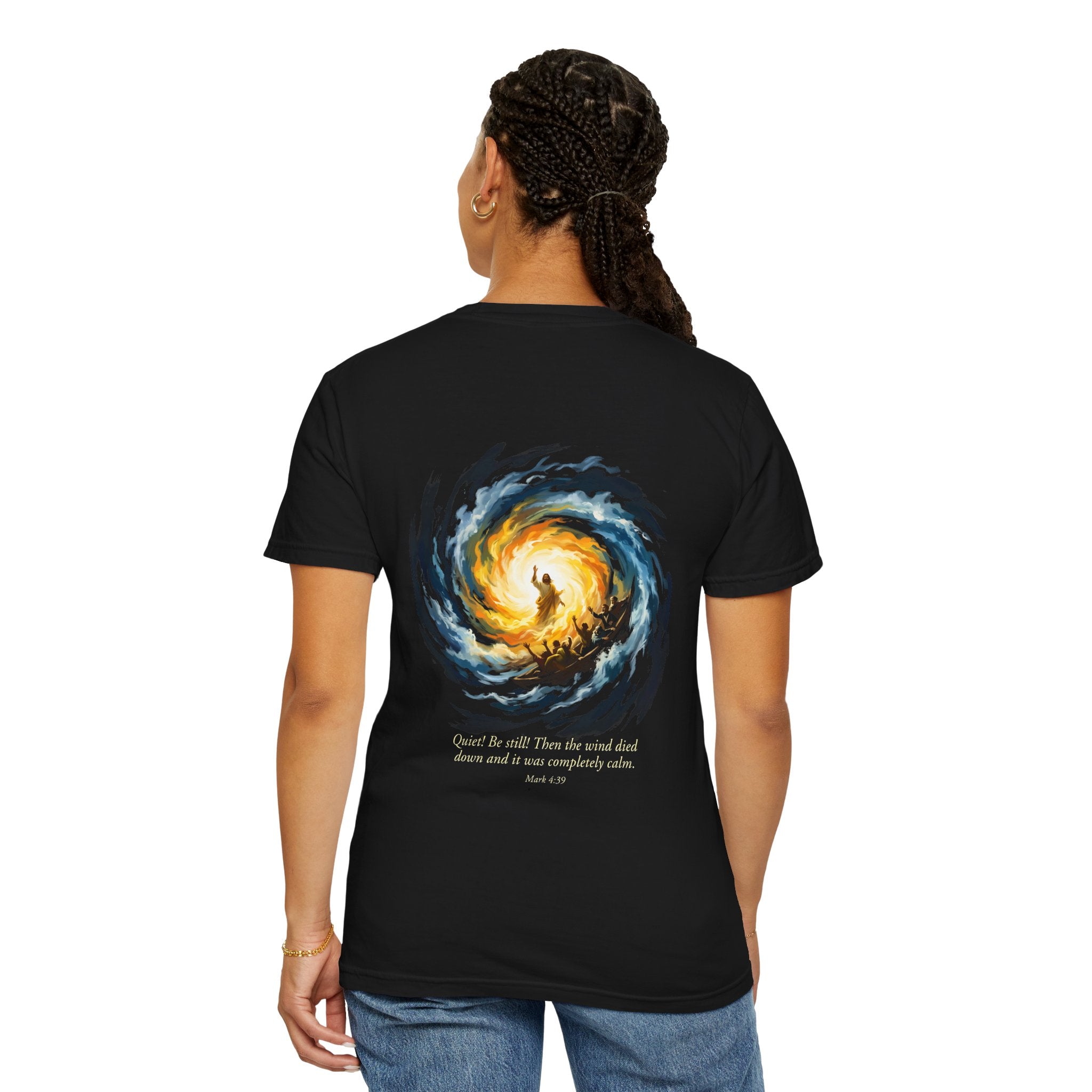 Christian T‑Shirt — Small Chest Cross & 'Quiet Be Still' Scripture Back Design