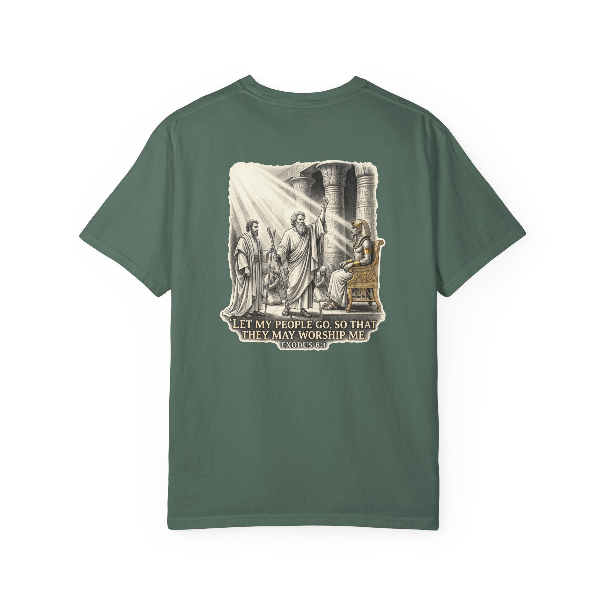 Religious T-Shirt — Small Cross Front & 'Let My People Go' Back Graphic