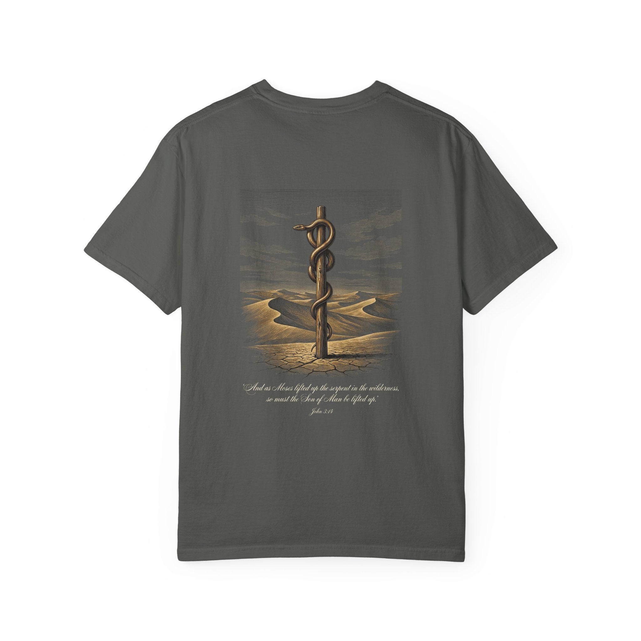 Christian Cross T-Shirt — Biblical Staff of Moses Desert Design with Scripture
