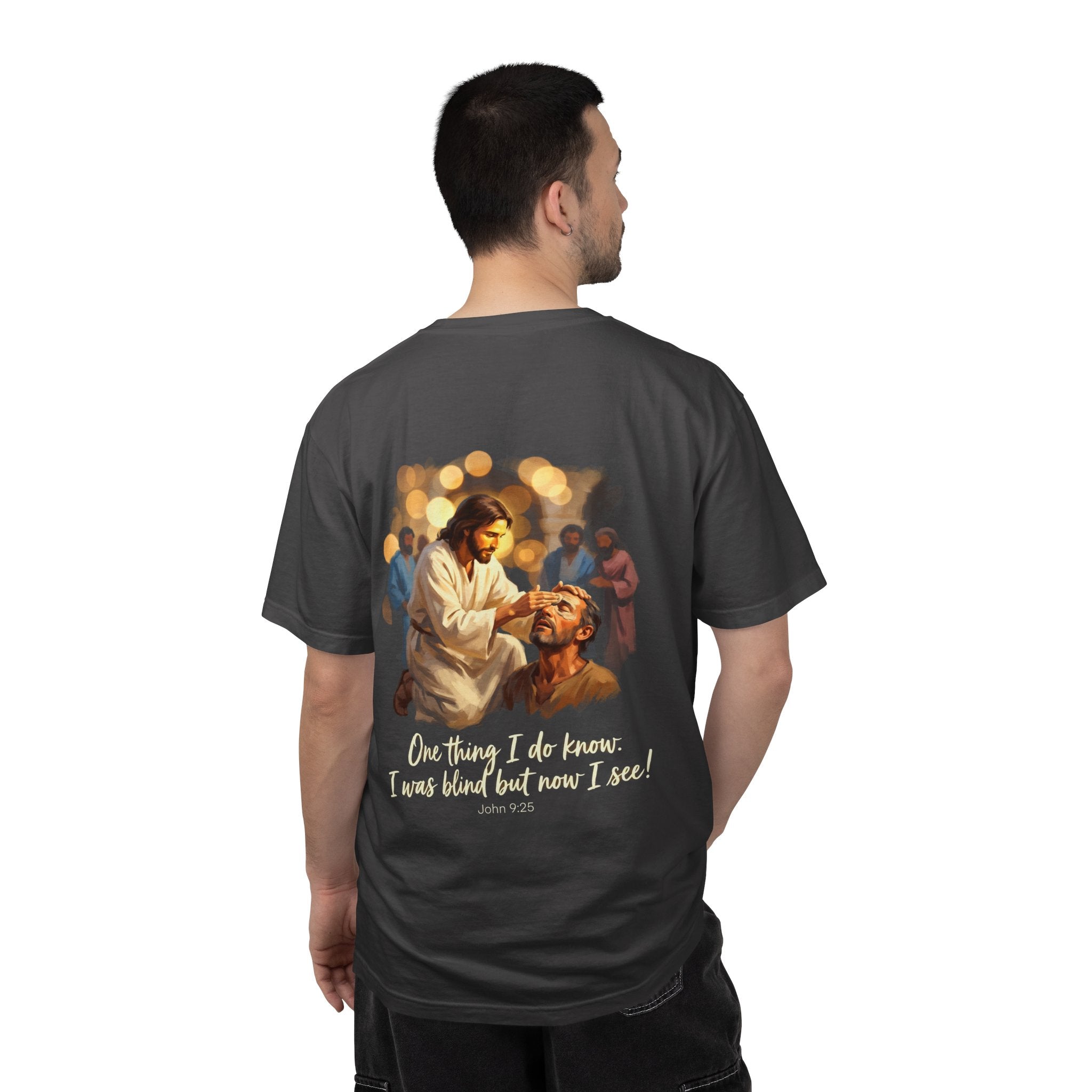 Christian T-Shirt — Jesus Healing the Blind "One thing I do know: I was blind but now I see"