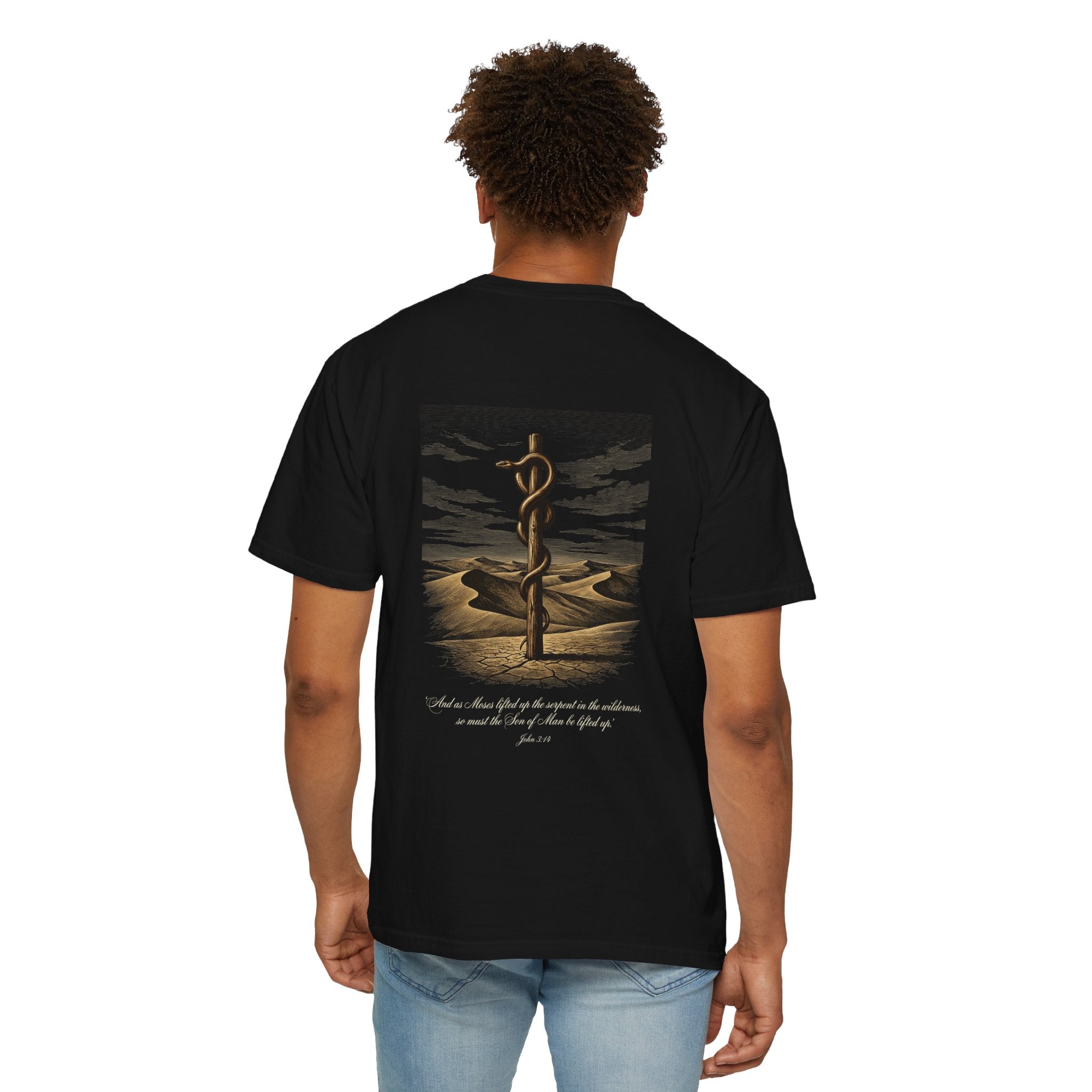 Christian Cross T-Shirt — Biblical Staff of Moses Desert Design with Scripture