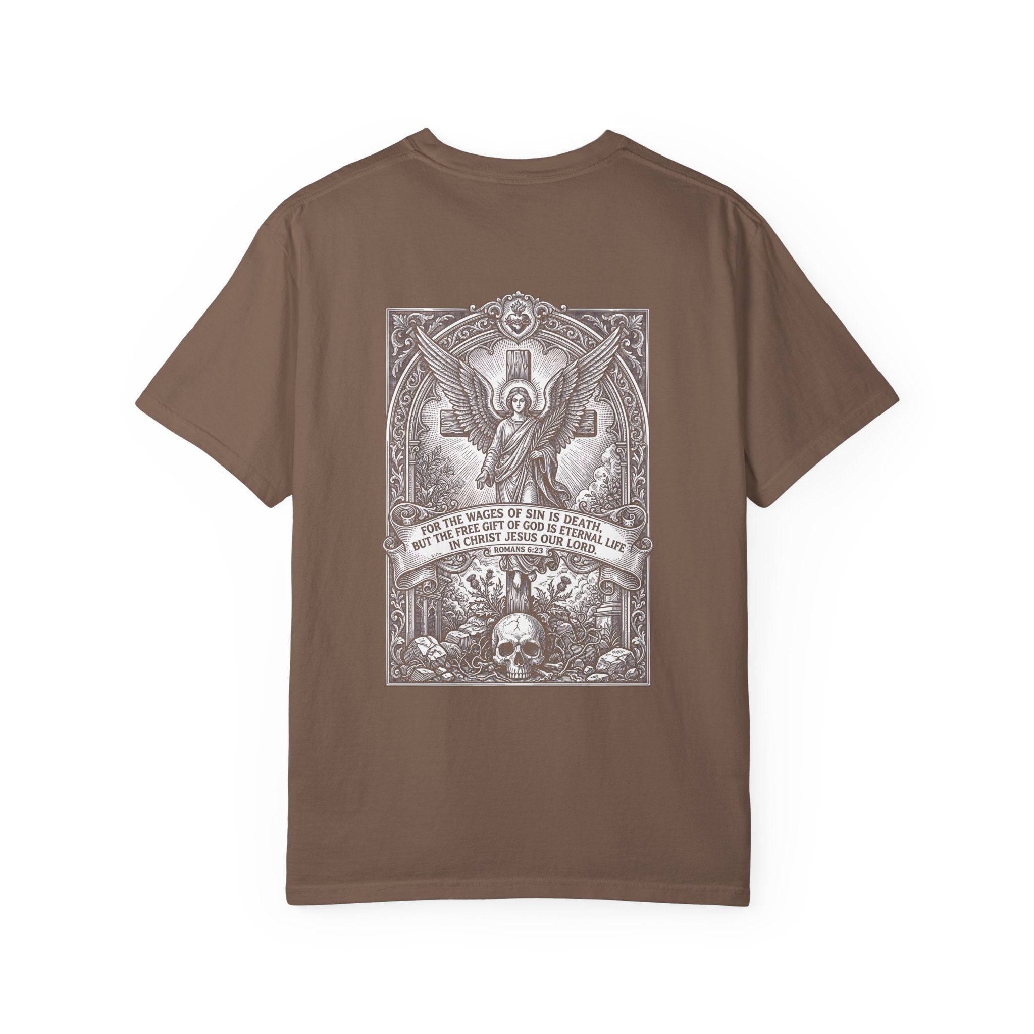 Religious Graphic T-Shirt — Angel, Skull & Scripture Back Print
