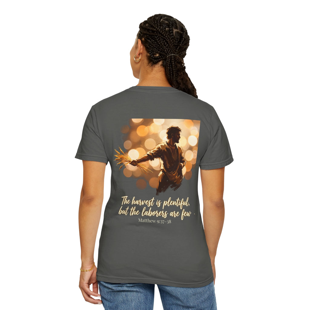 Christian Cross T-Shirt — "The harvest is plentiful, but the laborers are few" Back Graphic