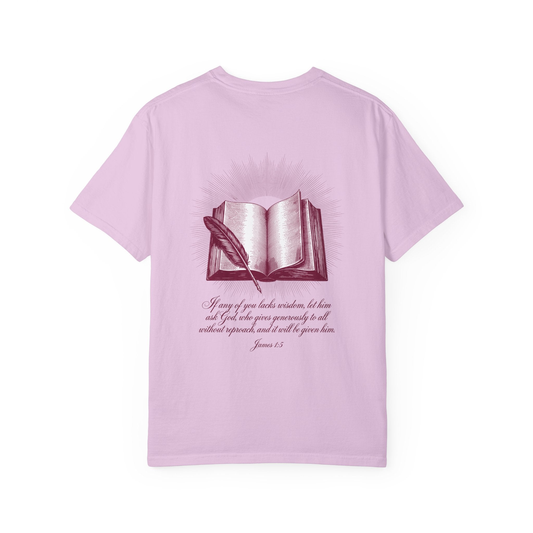 Christian Cross T-Shirt — Illustrated Bible Back Print with James 1:5 Quote