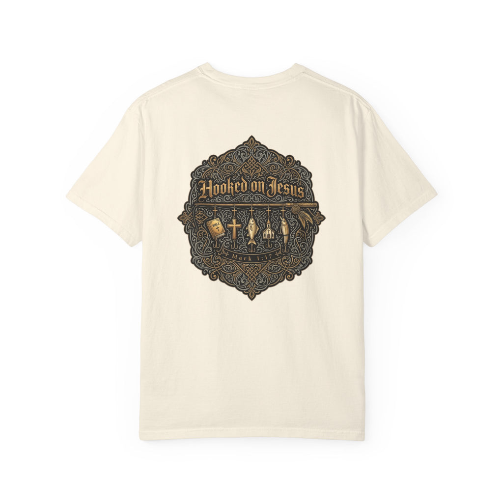 Hooked on Jesus T‑Shirt — Small Front Cross & Ornate Back Graphic