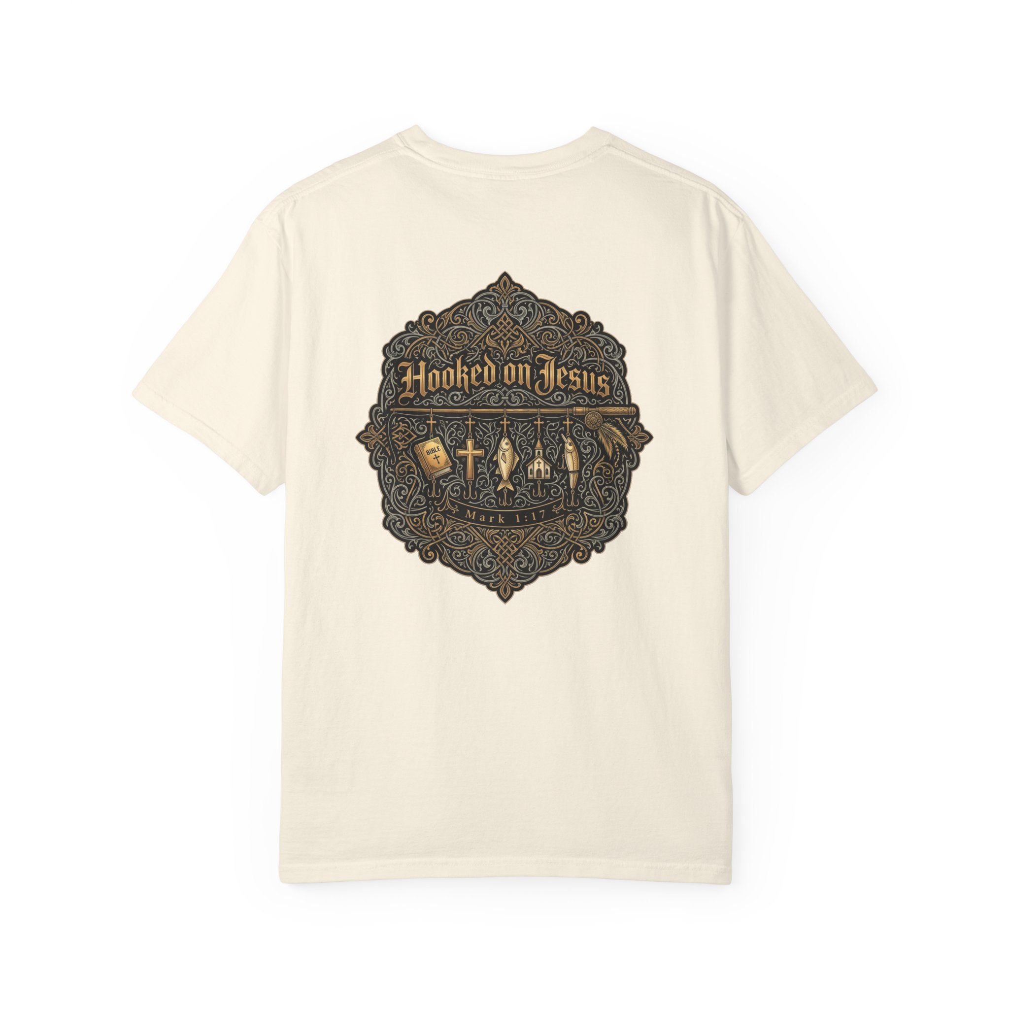 Hooked on Jesus T‑Shirt — Small Front Cross & Ornate Back Graphic