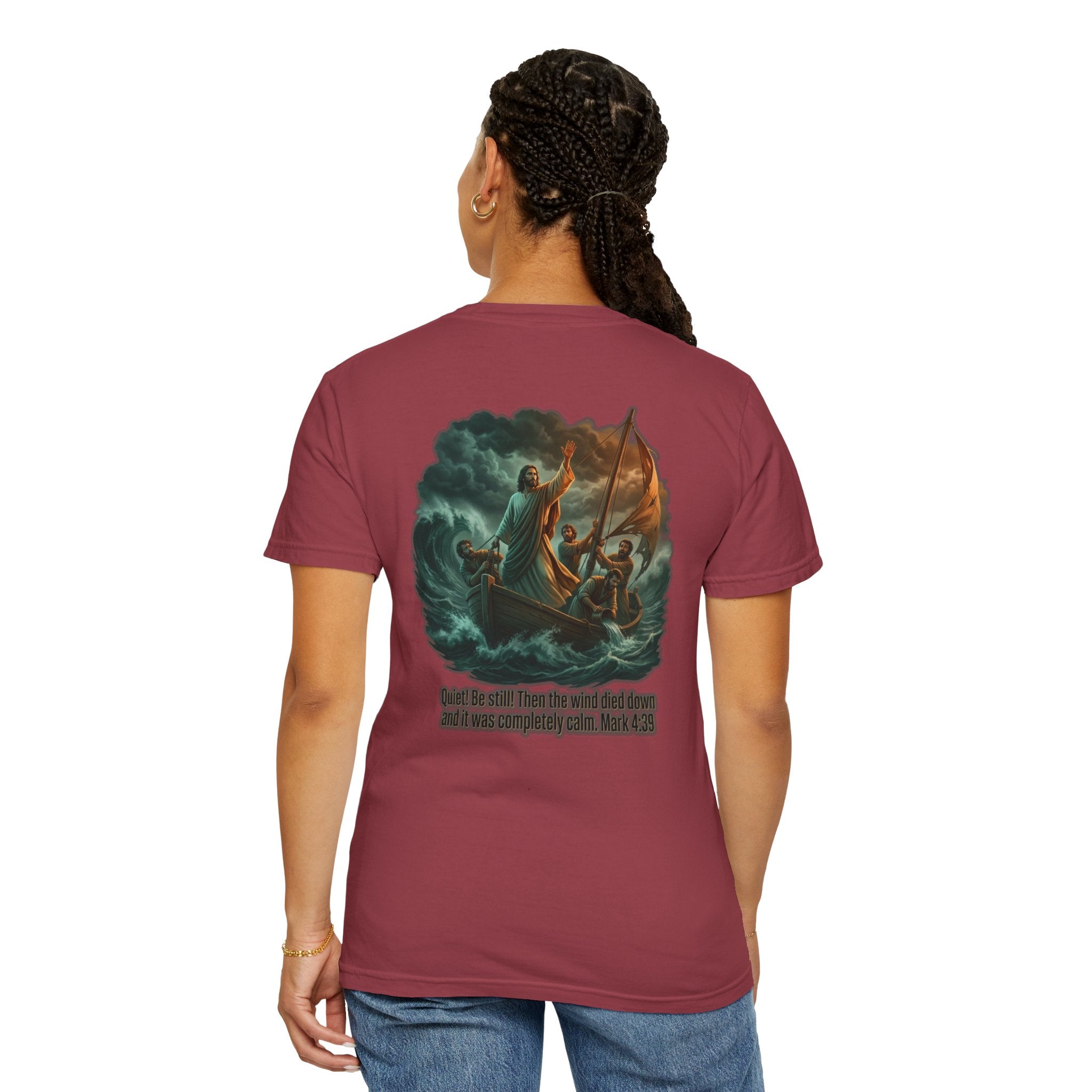 Christian Faith T-Shirt — 'He Said, "Be Still"' Boat Scene with Matthew 8:23-27 Biblical Tee