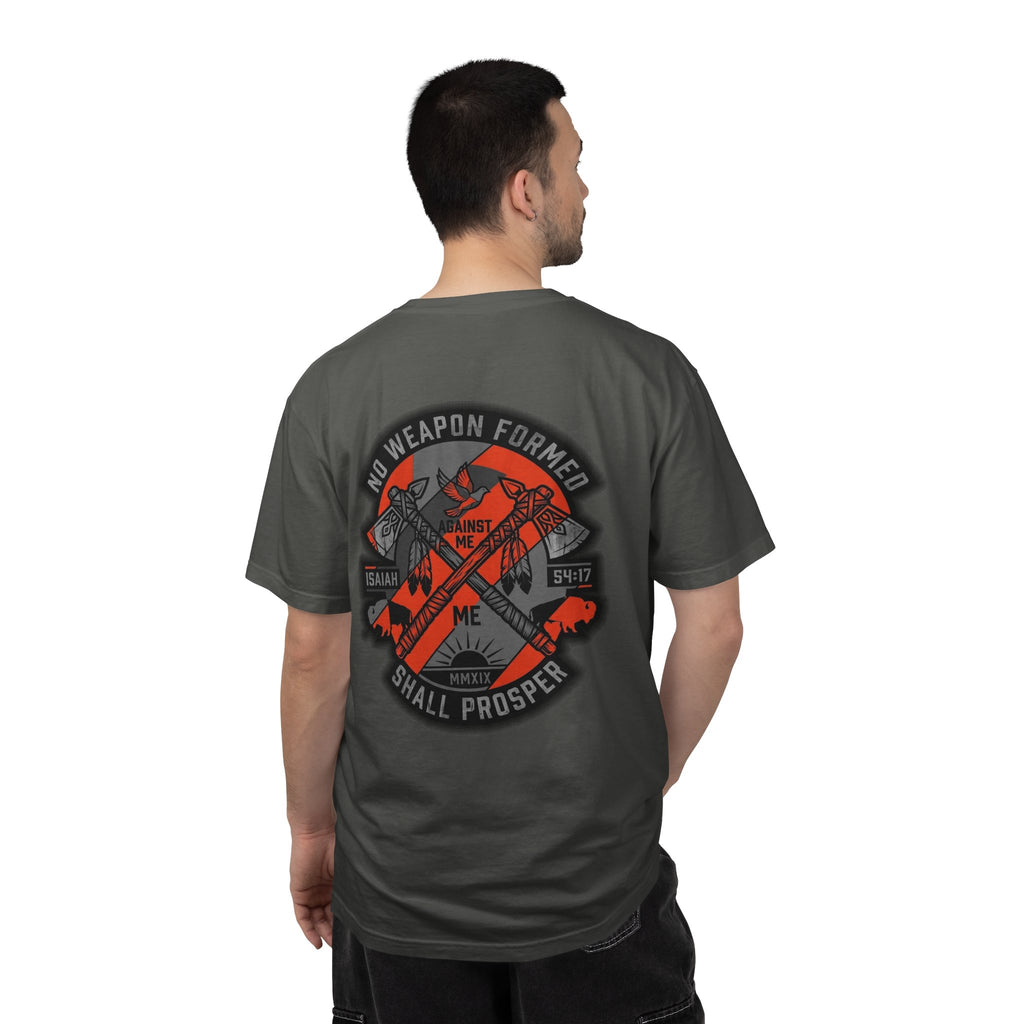 Faith Cross T-Shirt — “No Weapon Formed Shall Prosper” Back Graphic