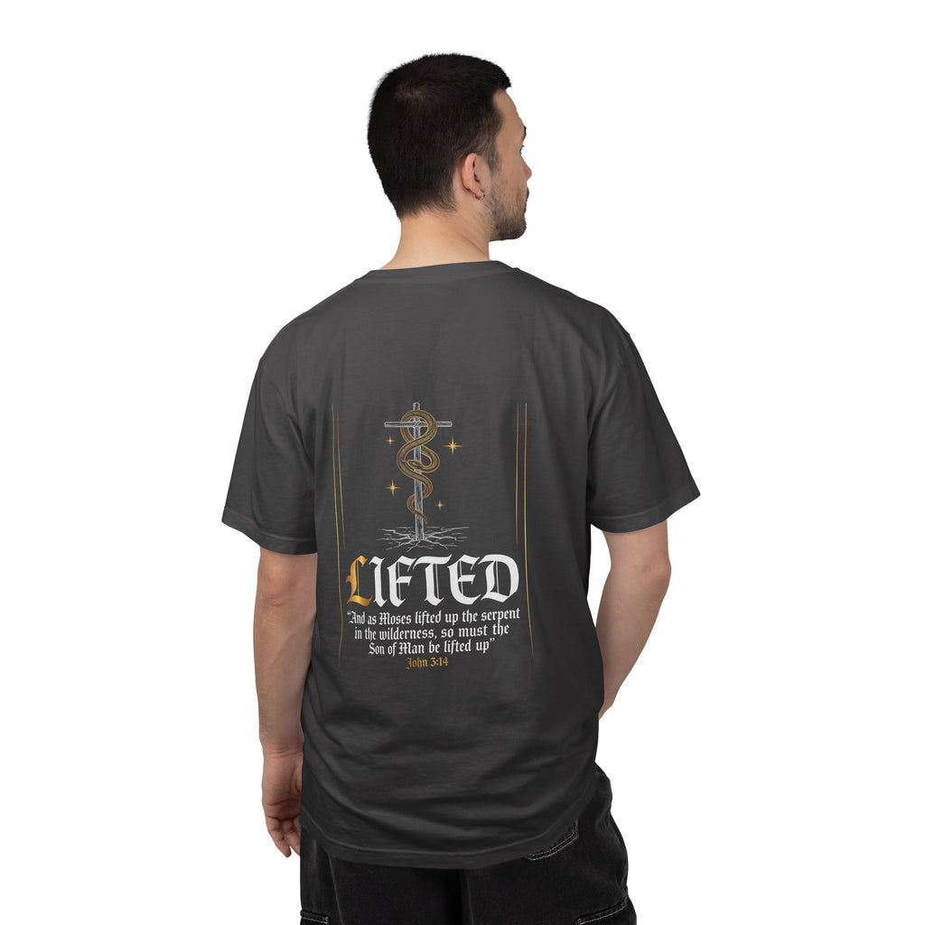 Christian Cross T-Shirt — "Lifted" Inspirational Gospel Tee with Scripture Back Design