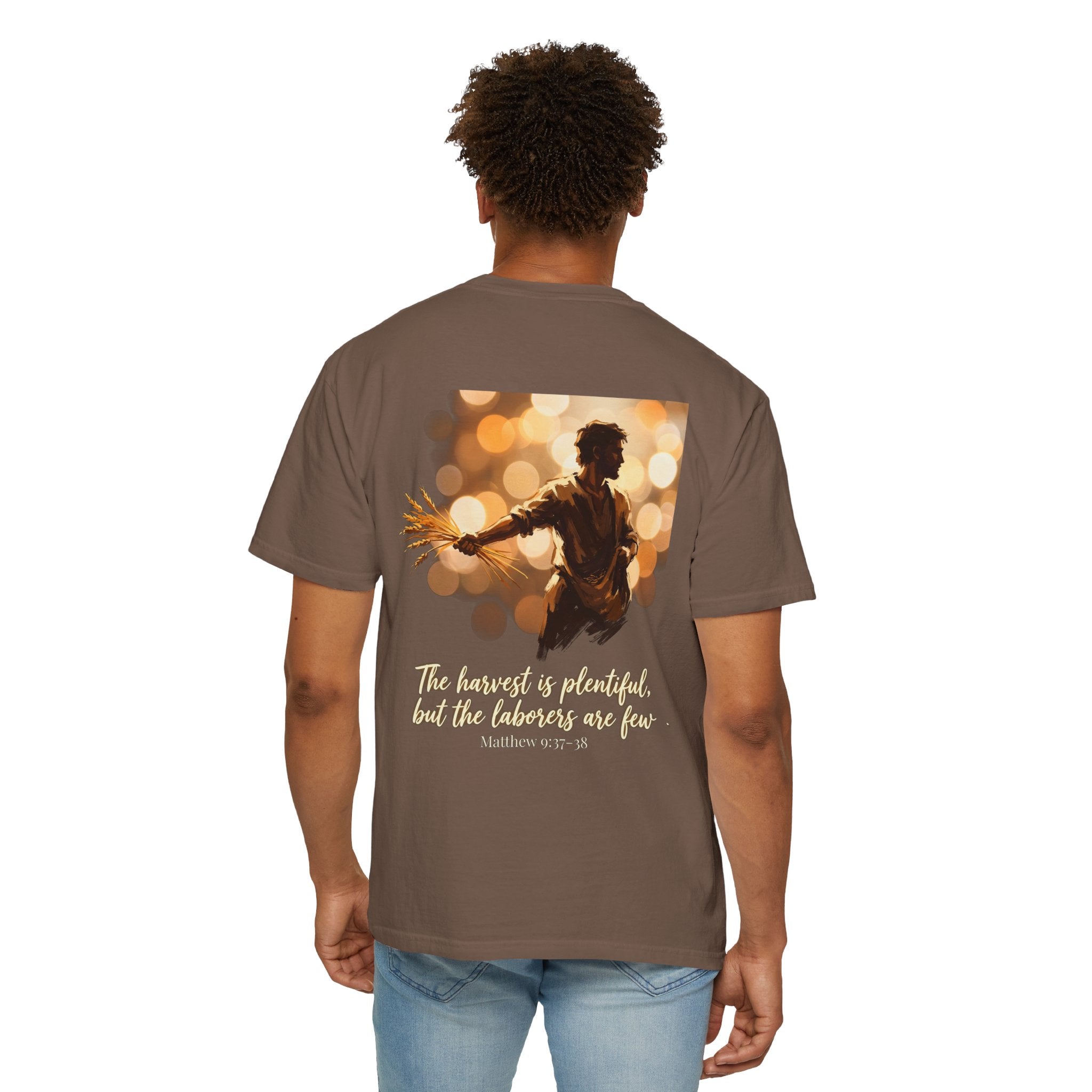 Christian Cross T-Shirt — "The harvest is plentiful, but the laborers are few" Back Graphic