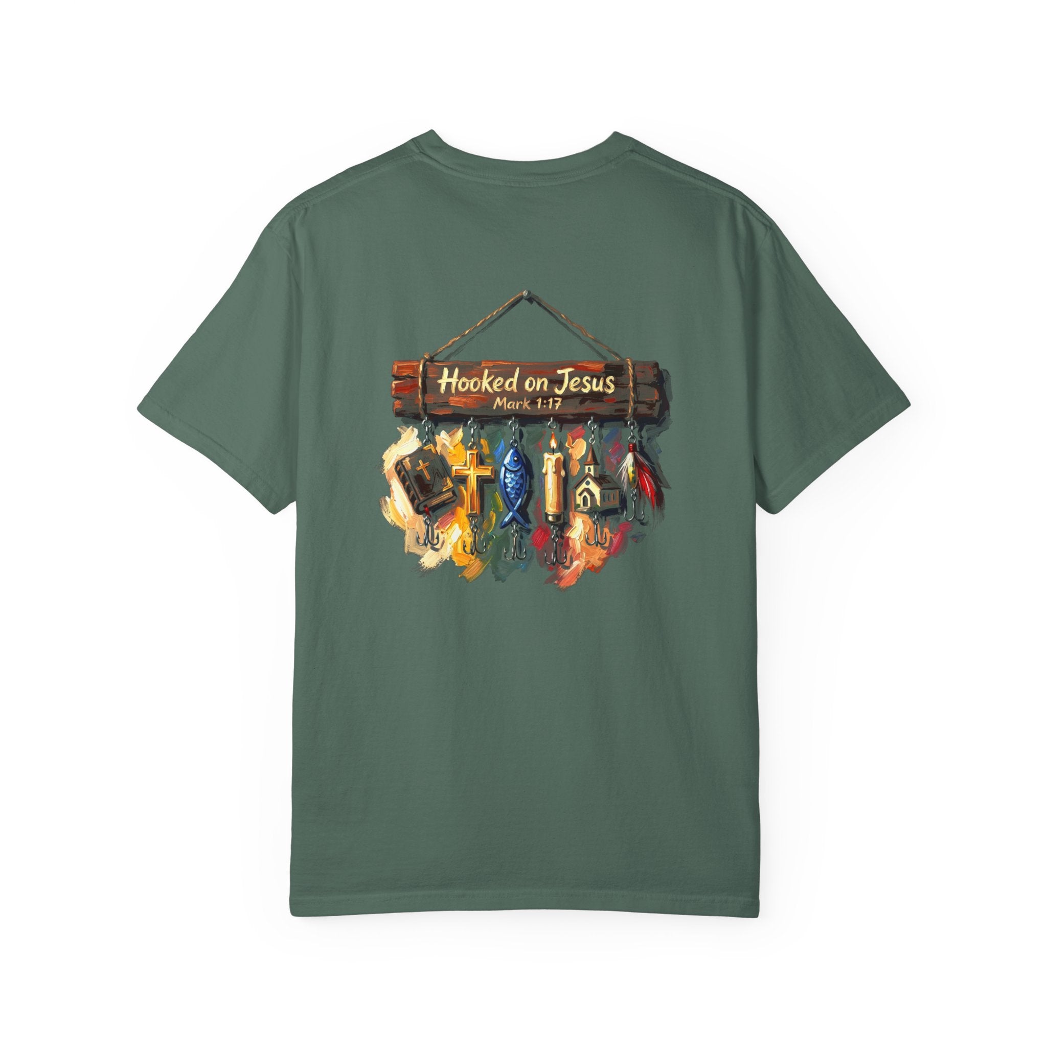Christian Fishing T-Shirt — “Hooked on Jesus” Graphic Tee with Small Front Cross
