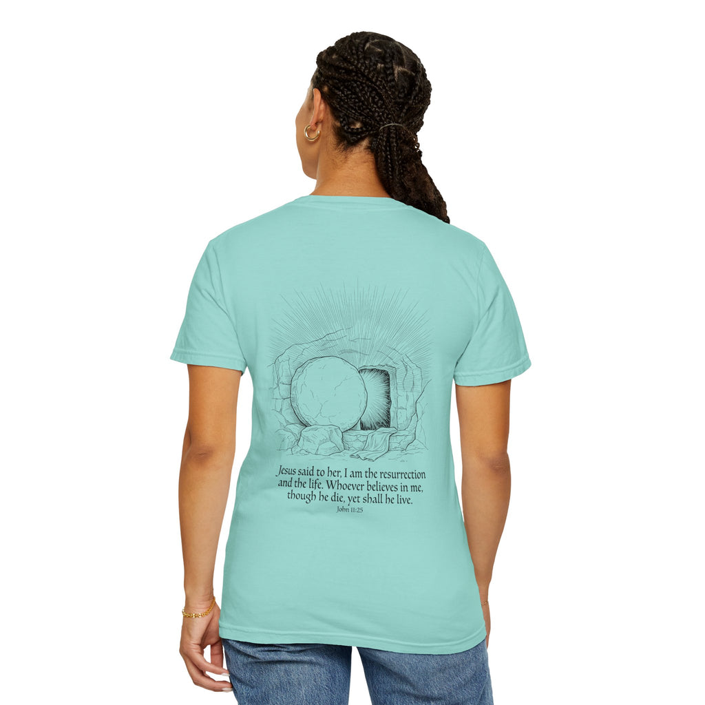 Christian Cross T-Shirt — Resurrection Tomb Design with John 11:25 Scripture