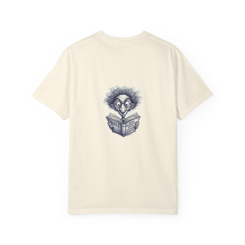 Graphic T-Shirt — Small Cross Front & Whimsical Reader Illustration Back