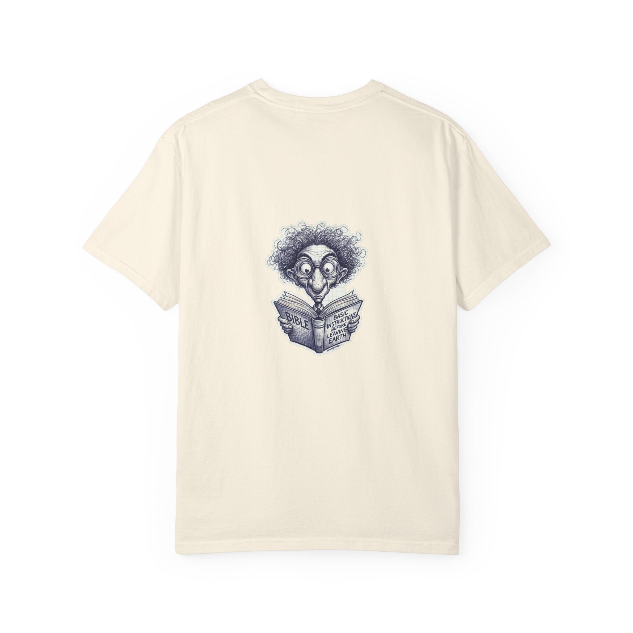 Graphic T-Shirt — Small Cross Front & Whimsical Reader Illustration Back