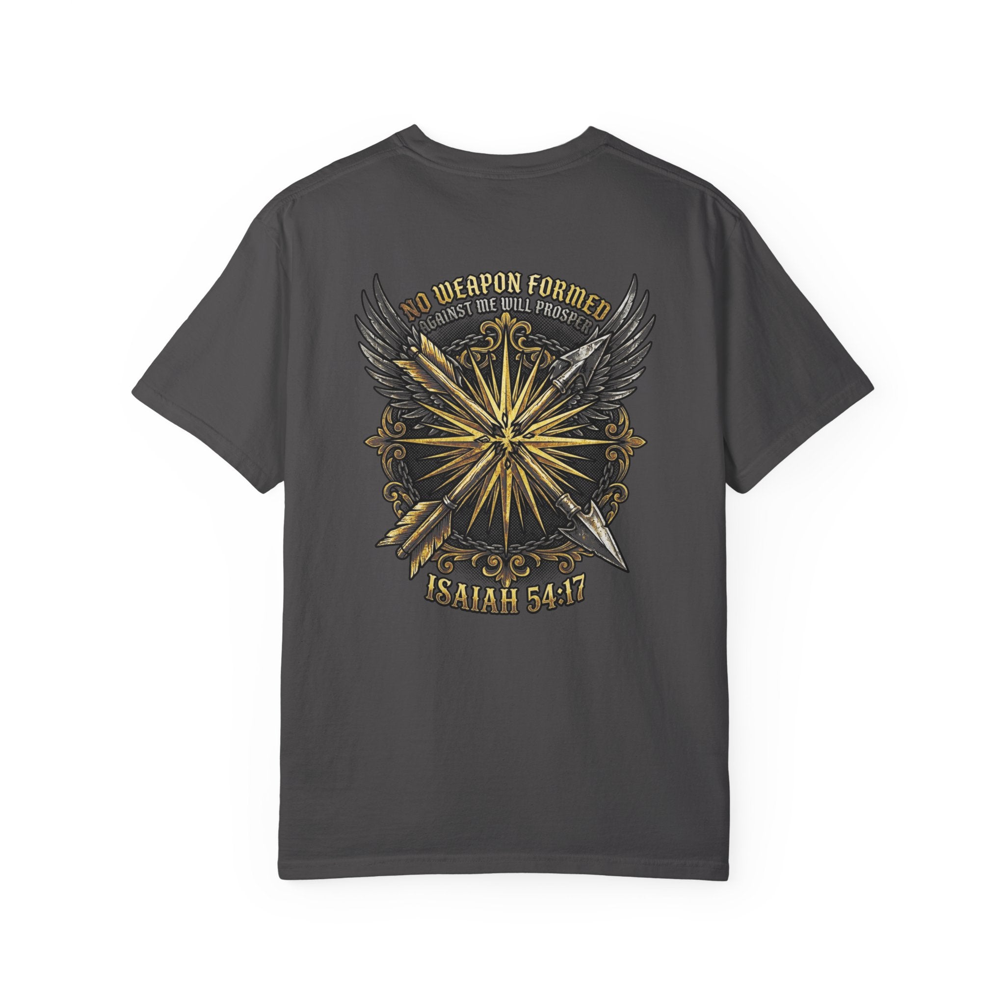 Christian Cross T-Shirt — "No Weapon Formed" Isaiah 54:17 Garment-Dyed Tee