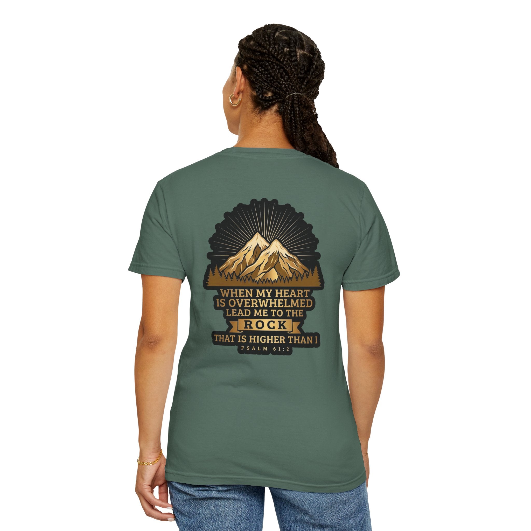Christian T-Shirt — "When My Heart Is Overwhelmed" Psalm 61:2 Mountain Cross Tee