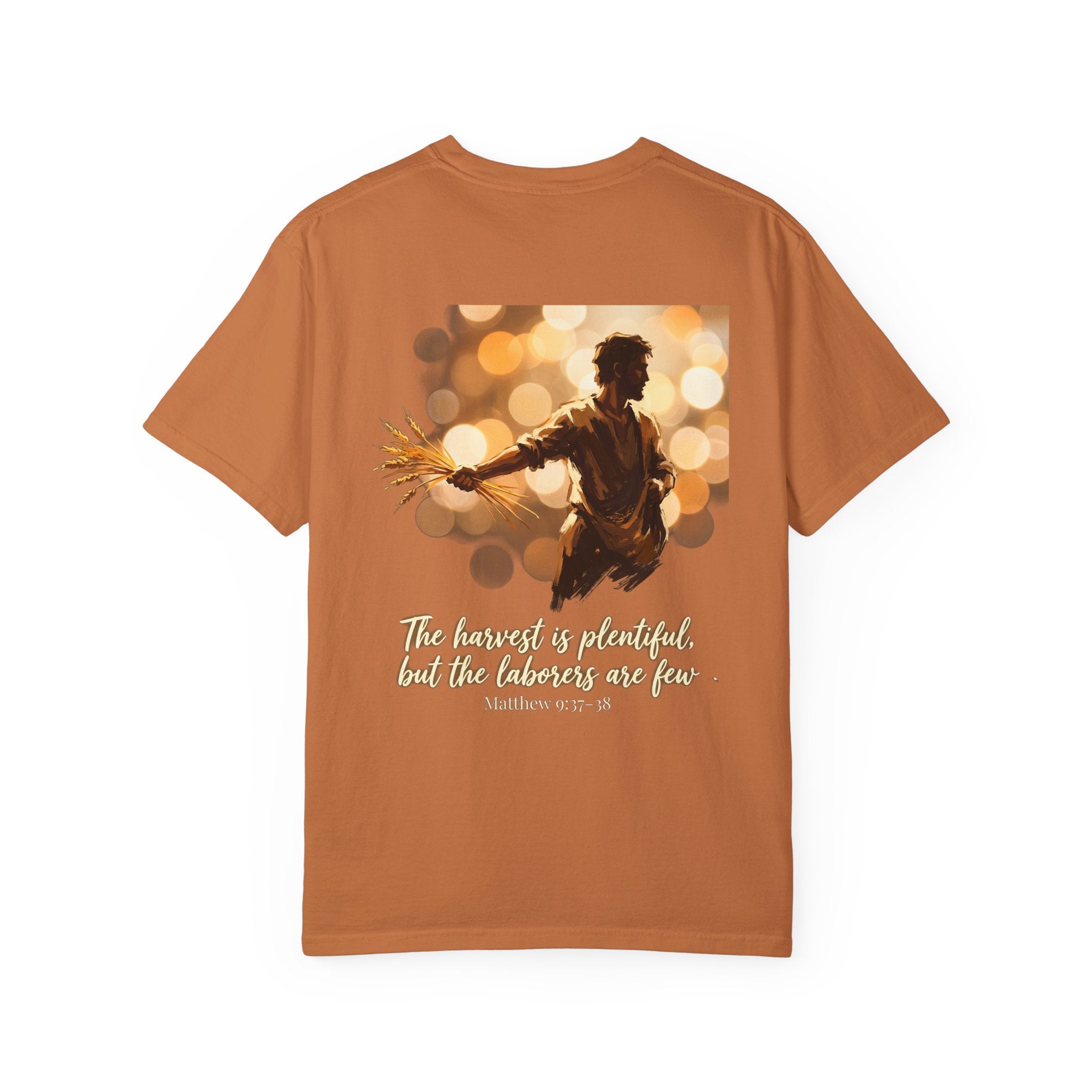 Christian Cross T-Shirt — "The harvest is plentiful, but the laborers are few" Back Graphic