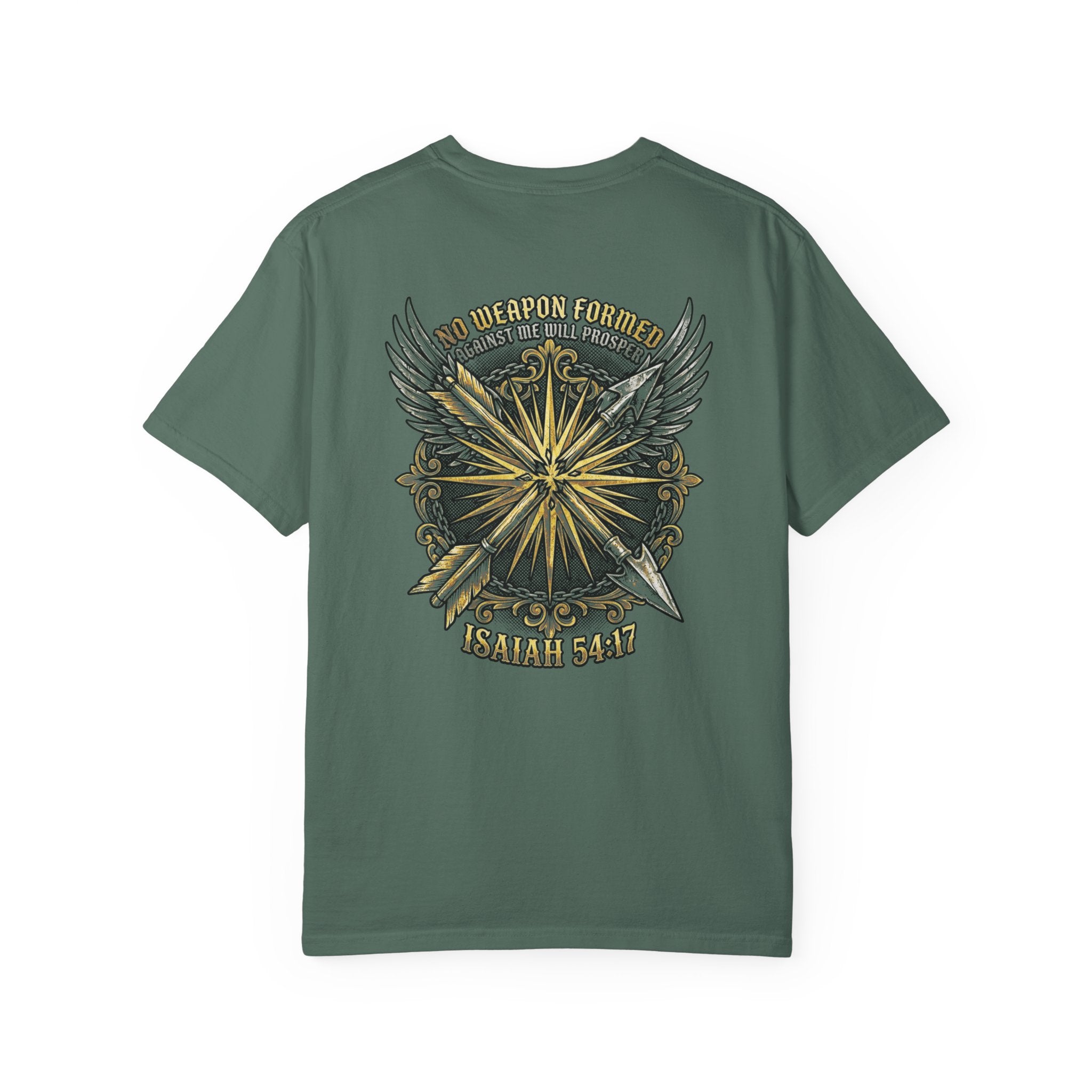 Christian Cross T-Shirt — "No Weapon Formed" Isaiah 54:17 Garment-Dyed Tee
