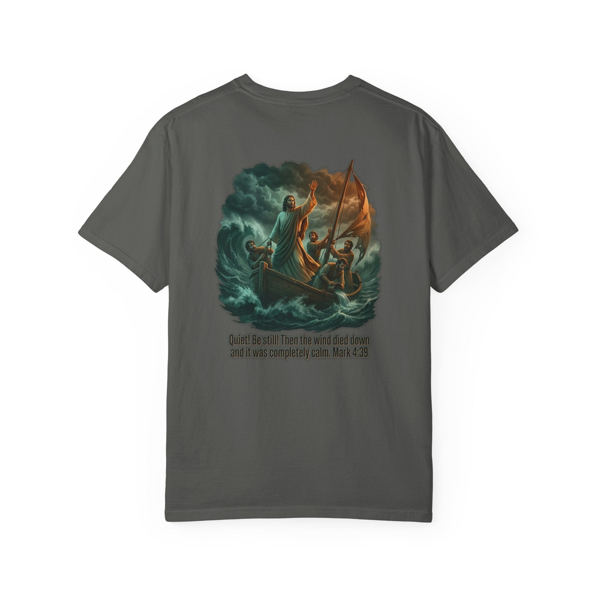 Christian Faith T-Shirt — 'He Said, "Be Still"' Boat Scene with Matthew 8:23-27 Biblical Tee