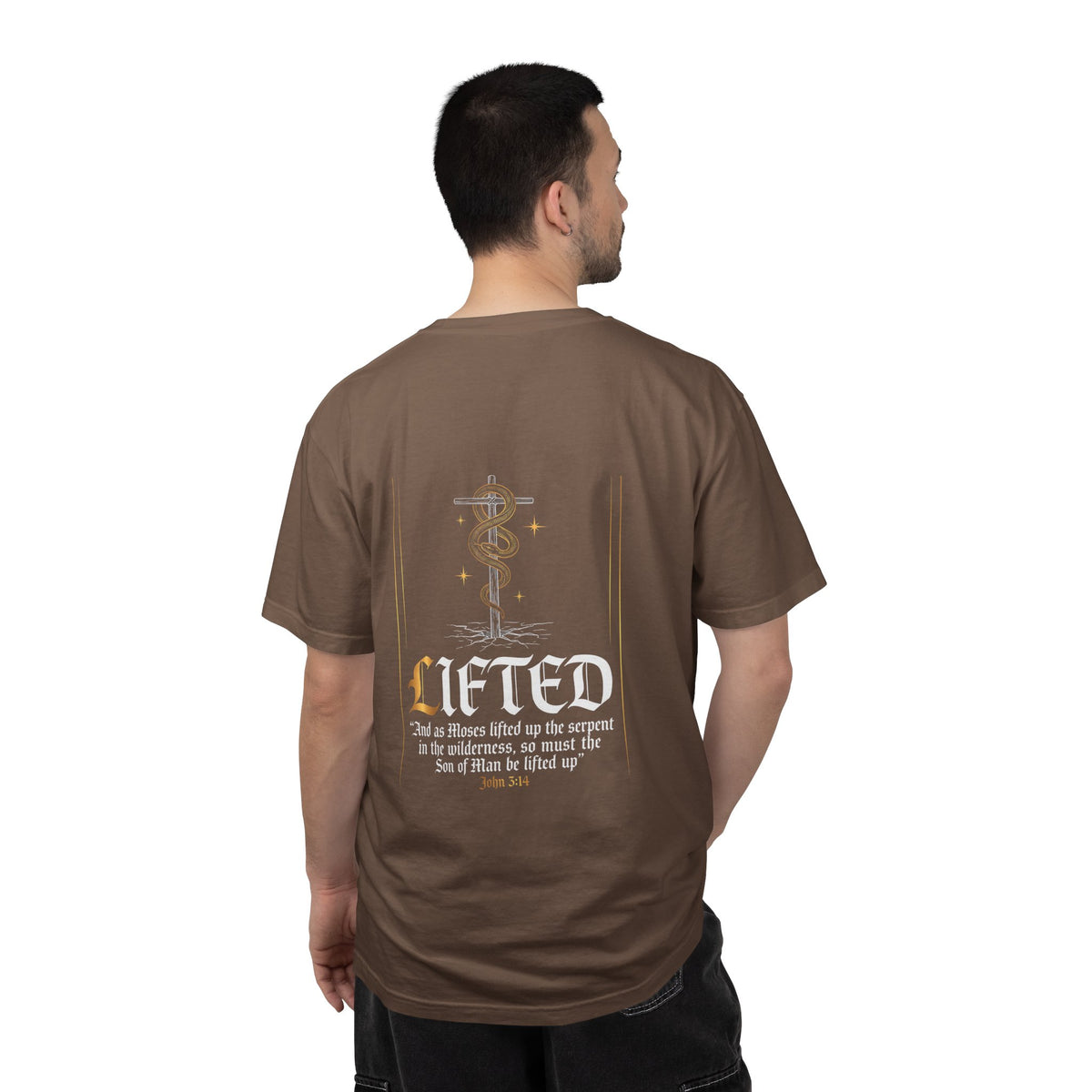Christian Cross T-Shirt — "Lifted" Inspirational Gospel Tee with Scripture Back Design