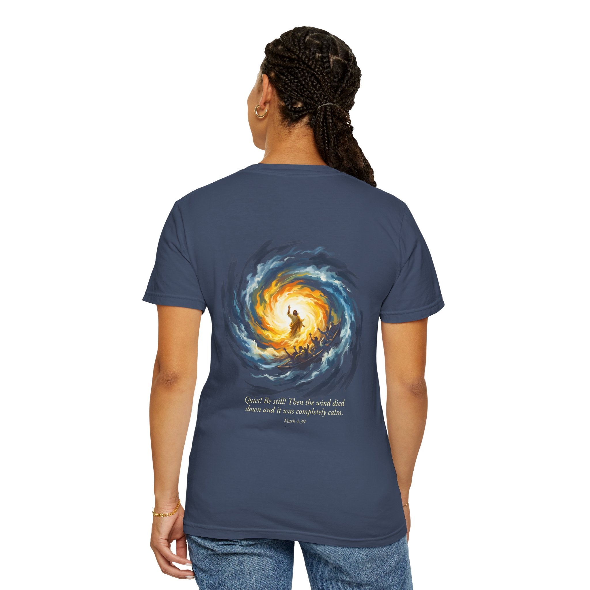 Christian T‑Shirt — Small Chest Cross & 'Quiet Be Still' Scripture Back Design