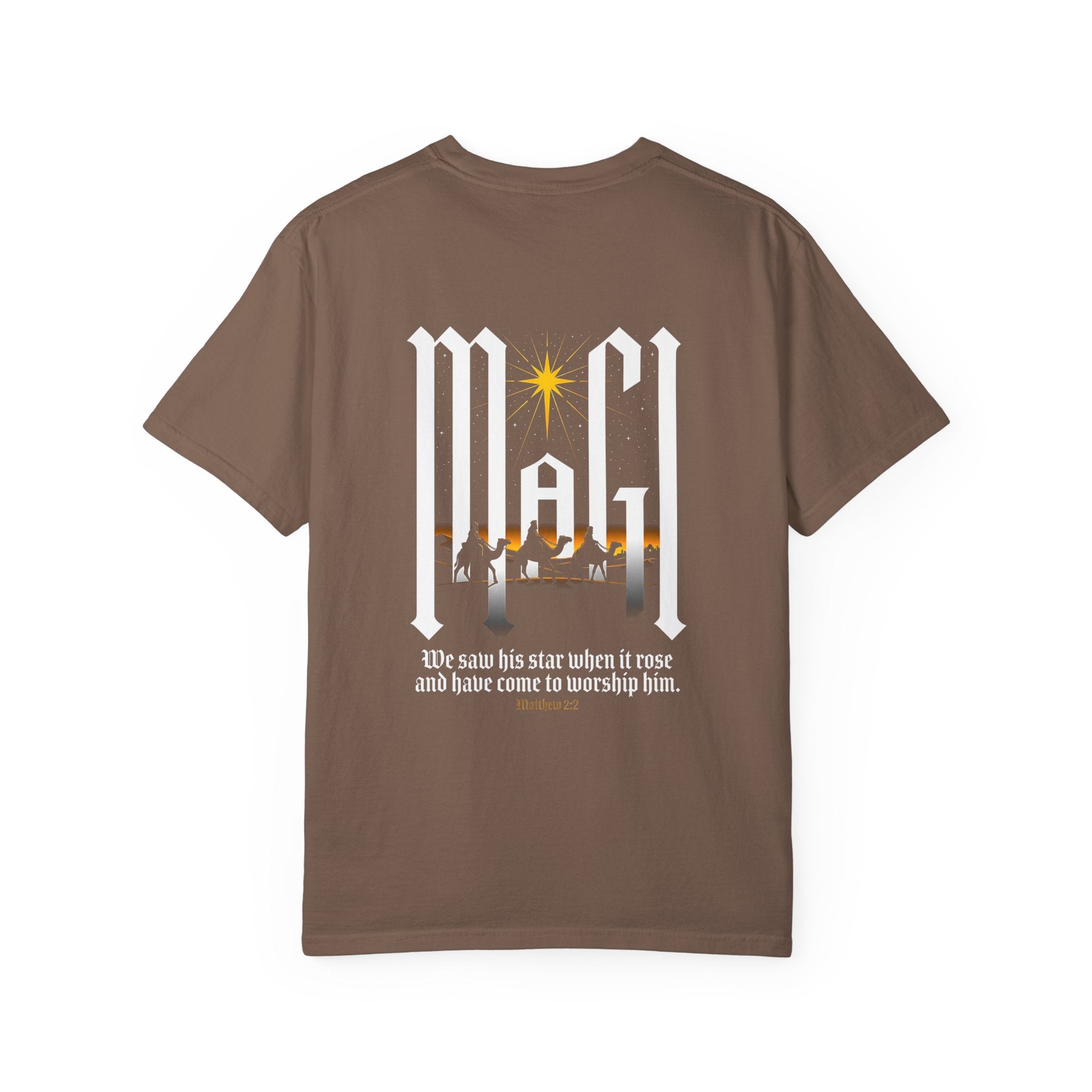 Christian Cross T-Shirt — 'We Saw His Star' Nativity Backprint Tee
