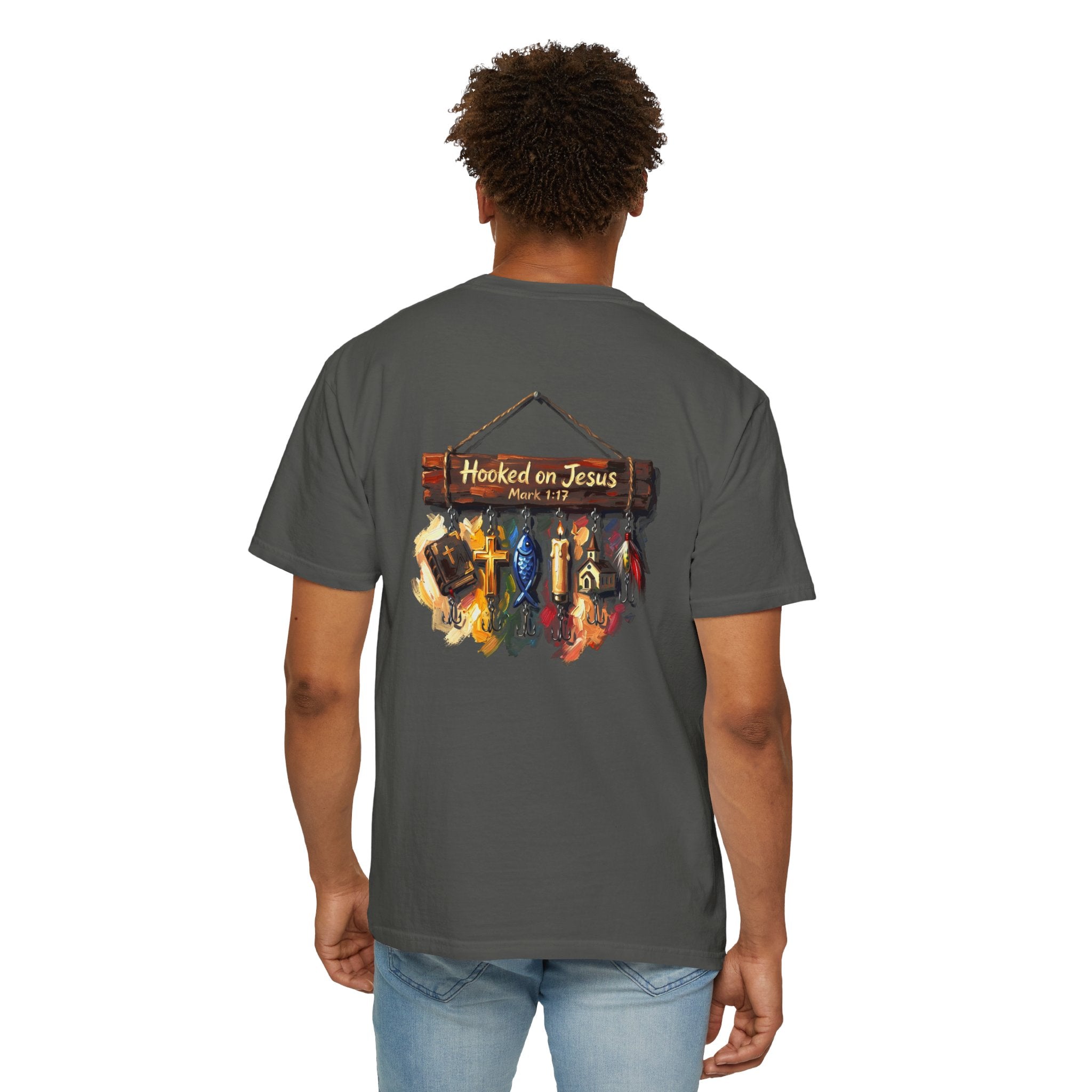 Christian Fishing T-Shirt — “Hooked on Jesus” Graphic Tee with Small Front Cross