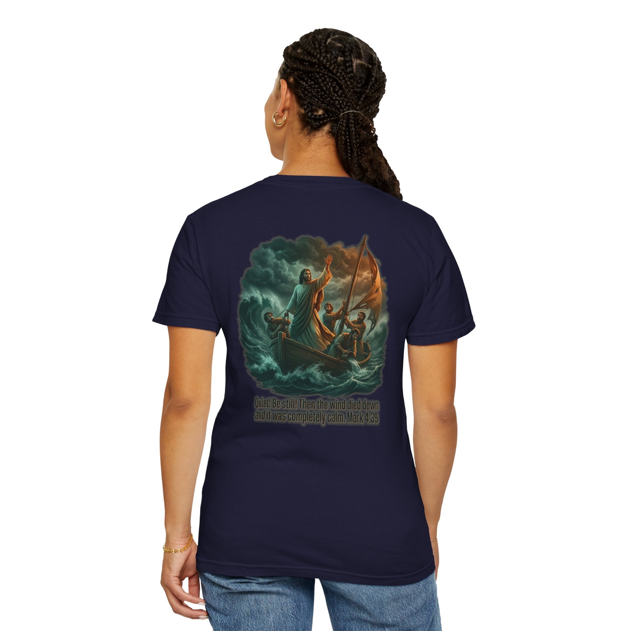 Christian Faith T-Shirt — 'He Said, "Be Still"' Boat Scene with Matthew 8:23-27 Biblical Tee