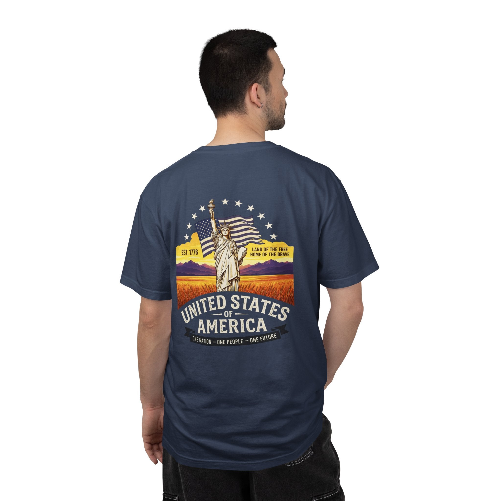 America Graphic T-Shirt — United States Vintage Statue of Liberty Back Print