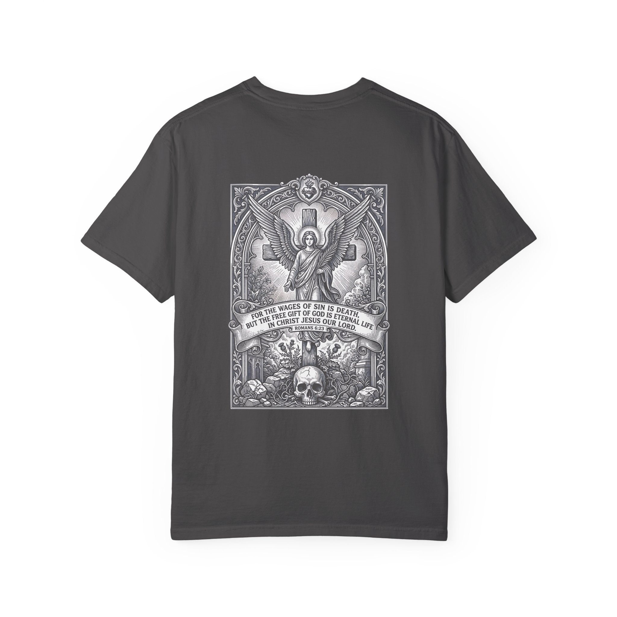 Religious Graphic T-Shirt — Angel, Skull & Scripture Back Print