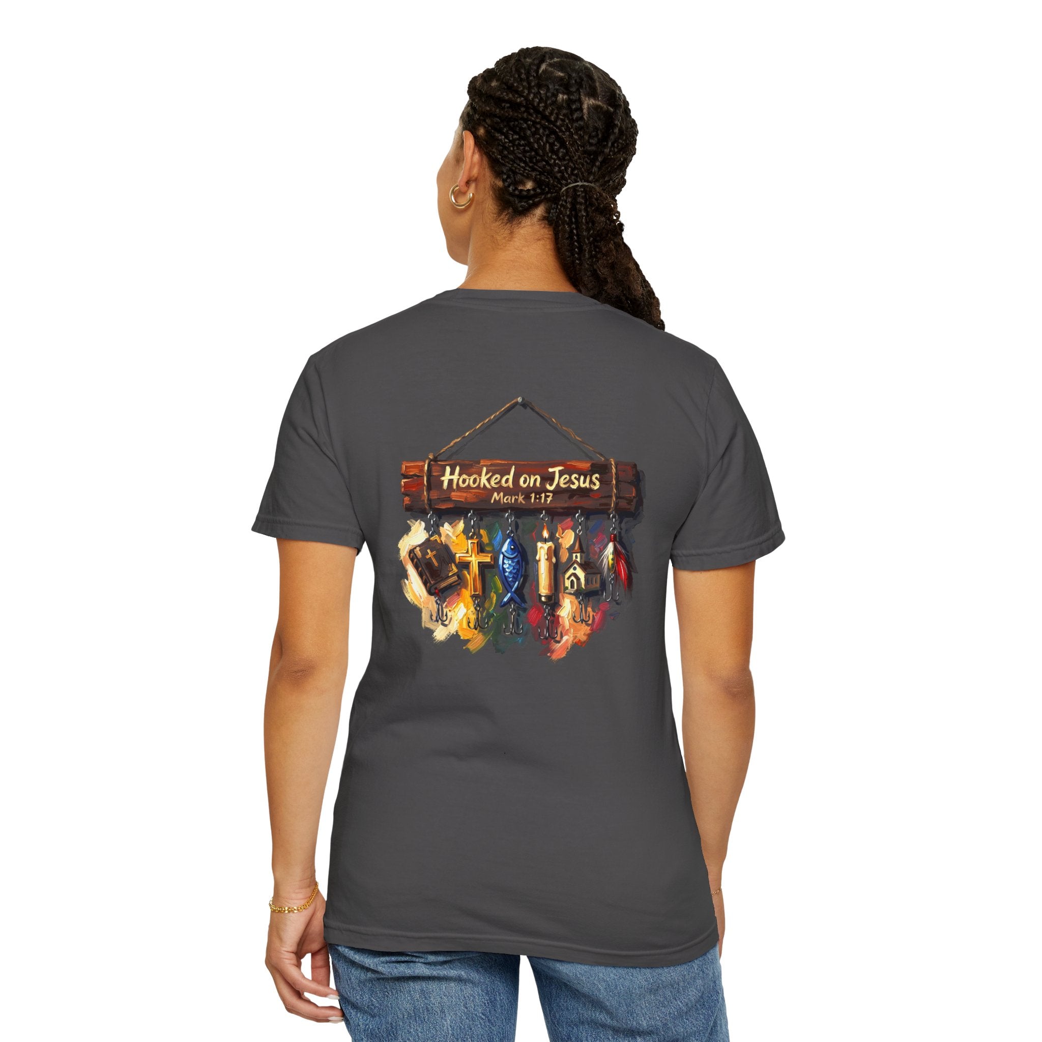 Christian Fishing T-Shirt — “Hooked on Jesus” Graphic Tee with Small Front Cross