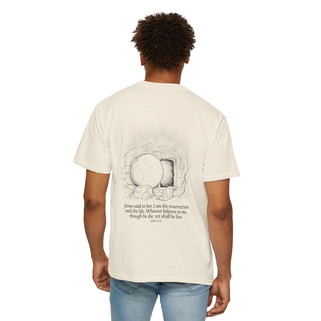 Christian Cross T-Shirt — Resurrection Tomb Design with John 11:25 Scripture