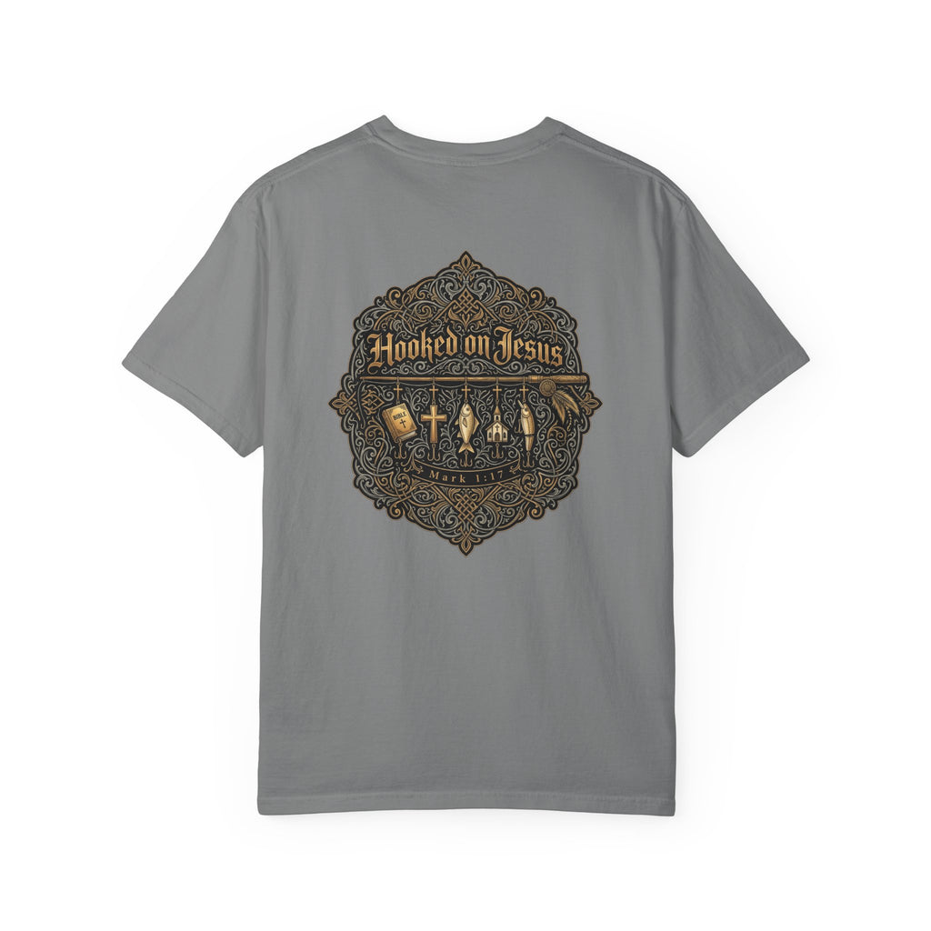 Hooked on Jesus T‑Shirt — Small Front Cross & Ornate Back Graphic